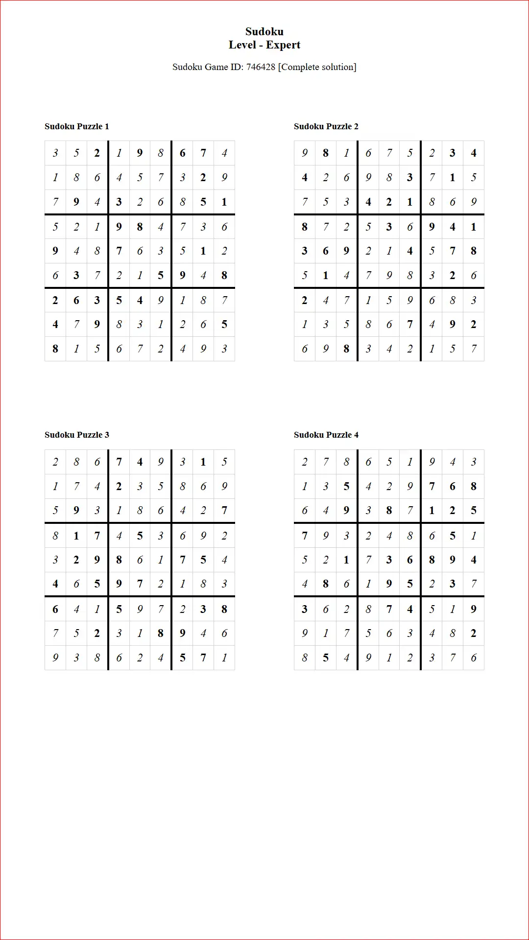 Solution of Sudoku Puzzles 4 per Page Expert Level pdf [Game ID: 746428] Document
