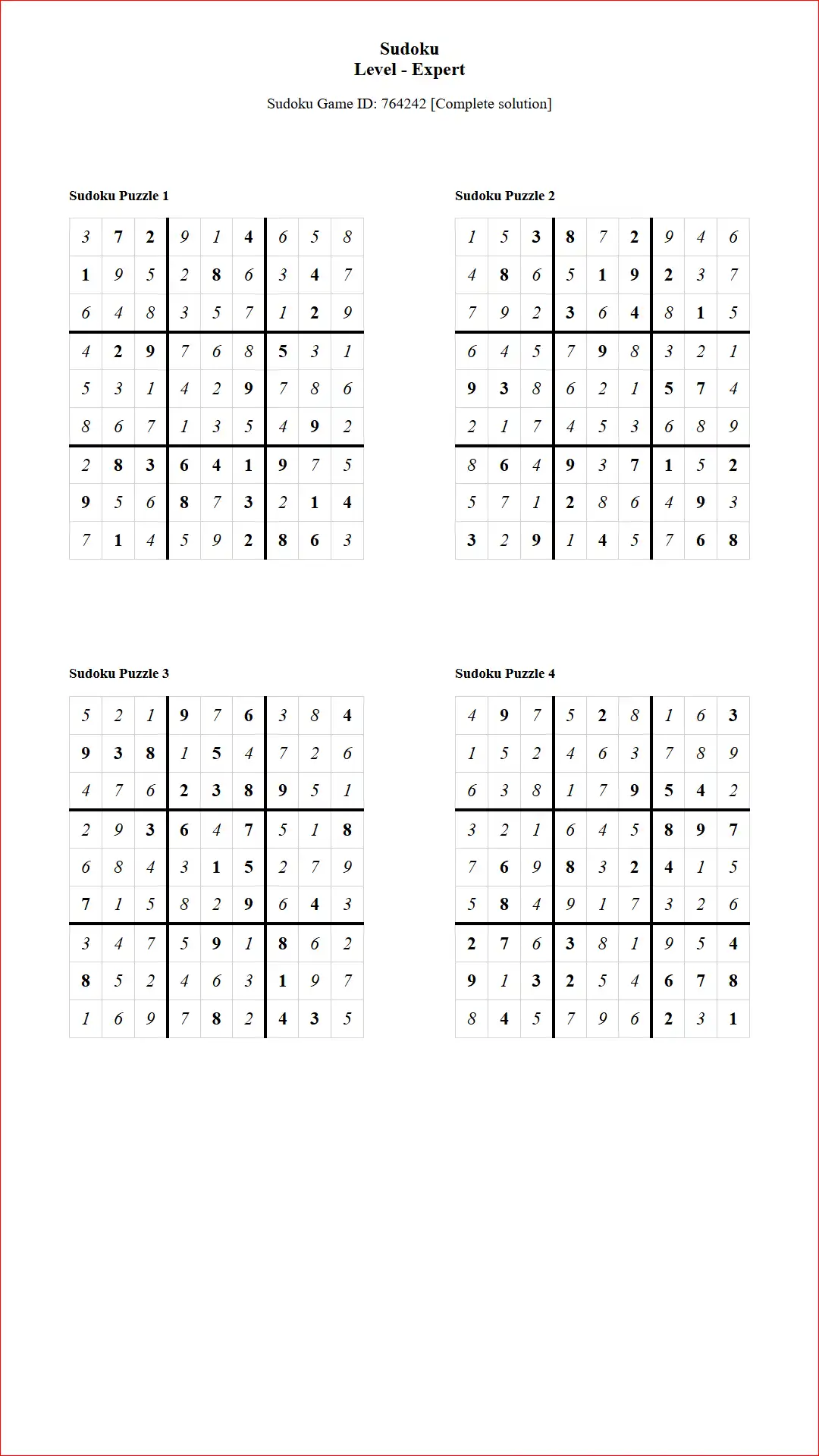 Solution of Sudoku Puzzles 4 per Page Expert Level pdf [Game ID: 764242] Document
