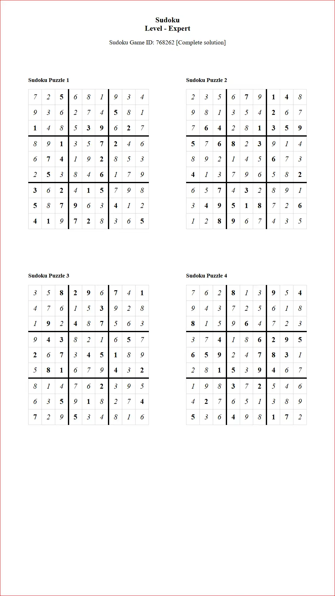 Solution of Sudoku Puzzles 4 per Page Expert Level pdf [Game ID: 768262] Document