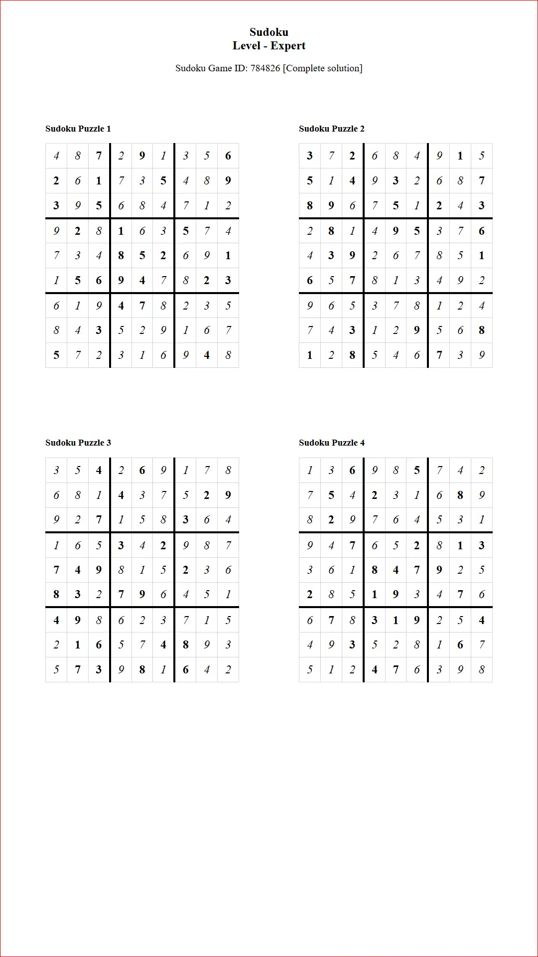 Solution of Sudoku Puzzles 4 per Page Expert Level pdf [Game ID: 784826] Document