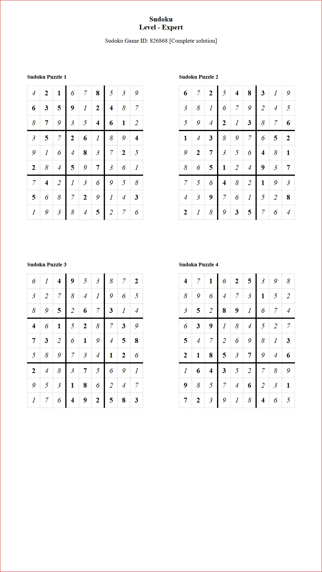 Solution of Sudoku Puzzles 4 per Page Expert Level pdf [Game ID: 826868] Document