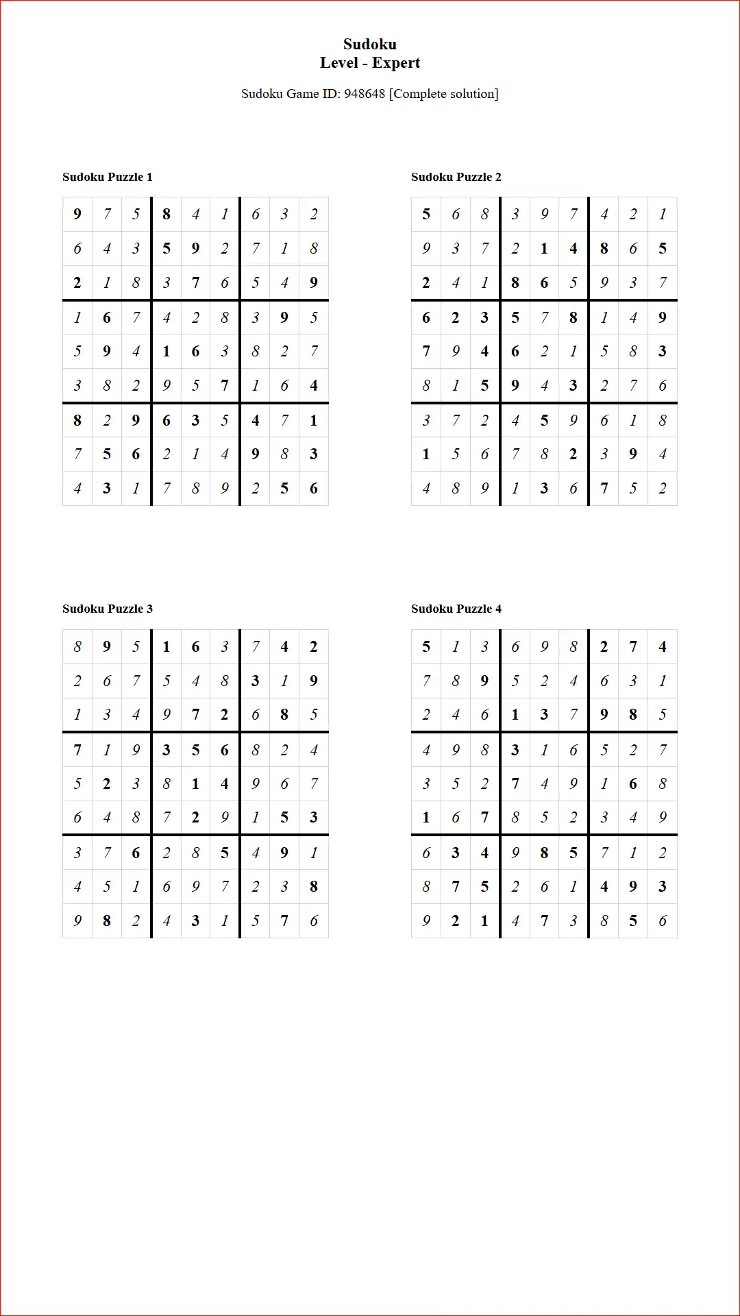 Solution of Sudoku Puzzles 4 per Page Expert Level pdf [Game ID: 948648] Document