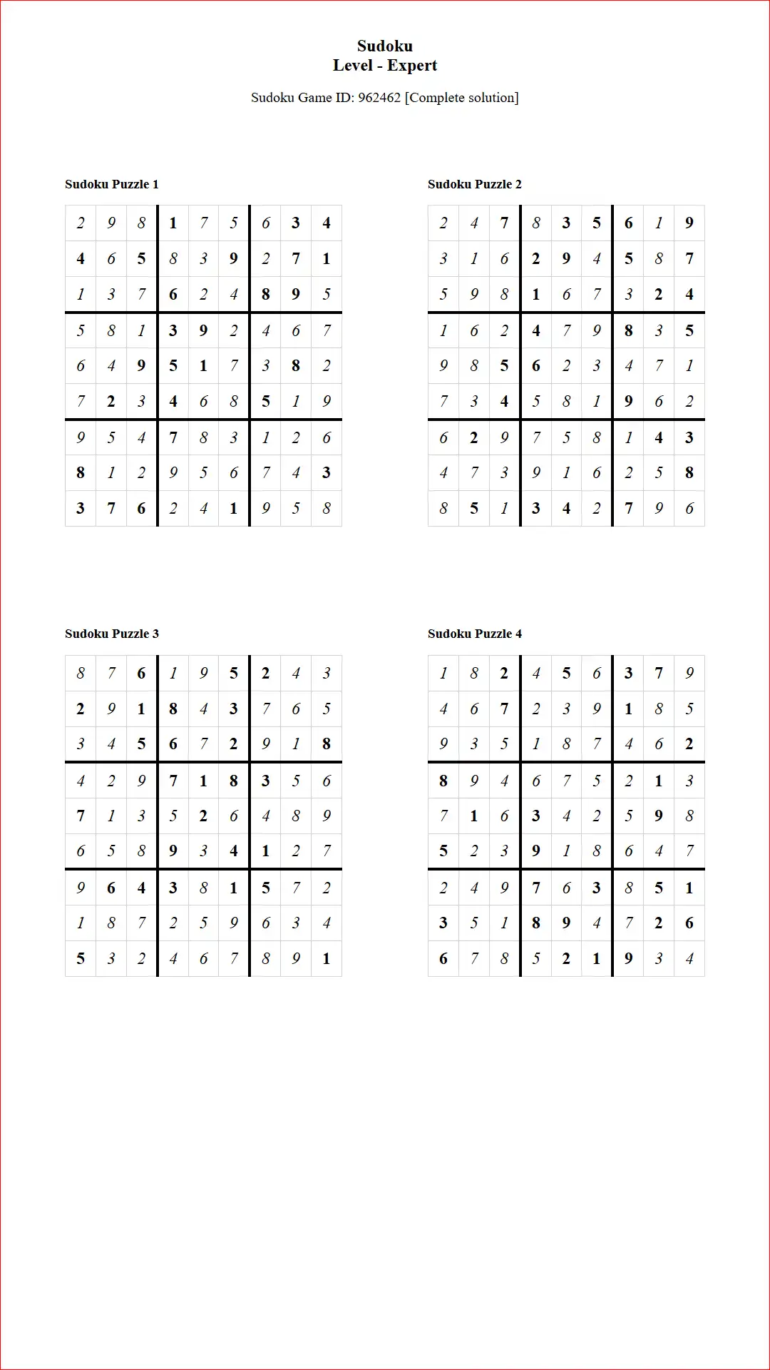 Solution of Sudoku Puzzles 4 per Page Expert Level pdf [Game ID: 962462] Document