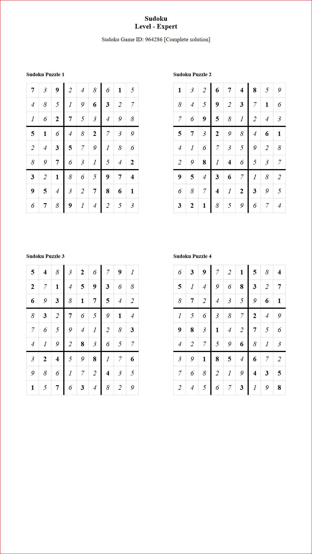 Solution of Sudoku Puzzles 4 per Page Expert Level pdf [Game ID: 964286] Document