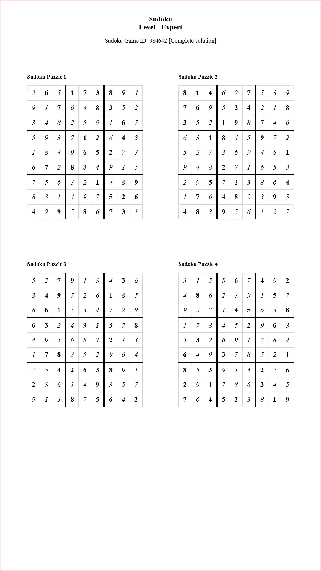 Solution of Sudoku Puzzles 4 per Page Expert Level pdf [Game ID: 984642] Document