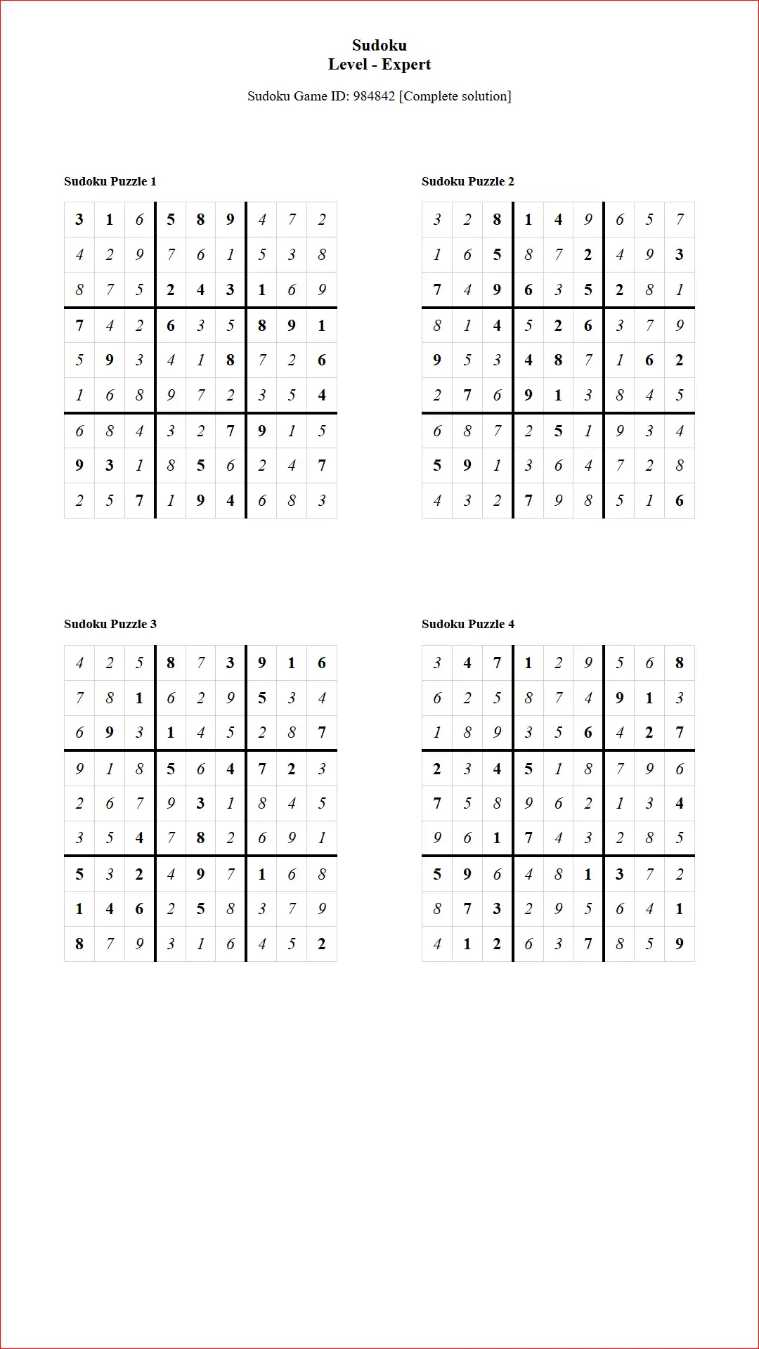 Solution of Sudoku Puzzles 4 per Page Expert Level pdf [Game ID: 984842] Document