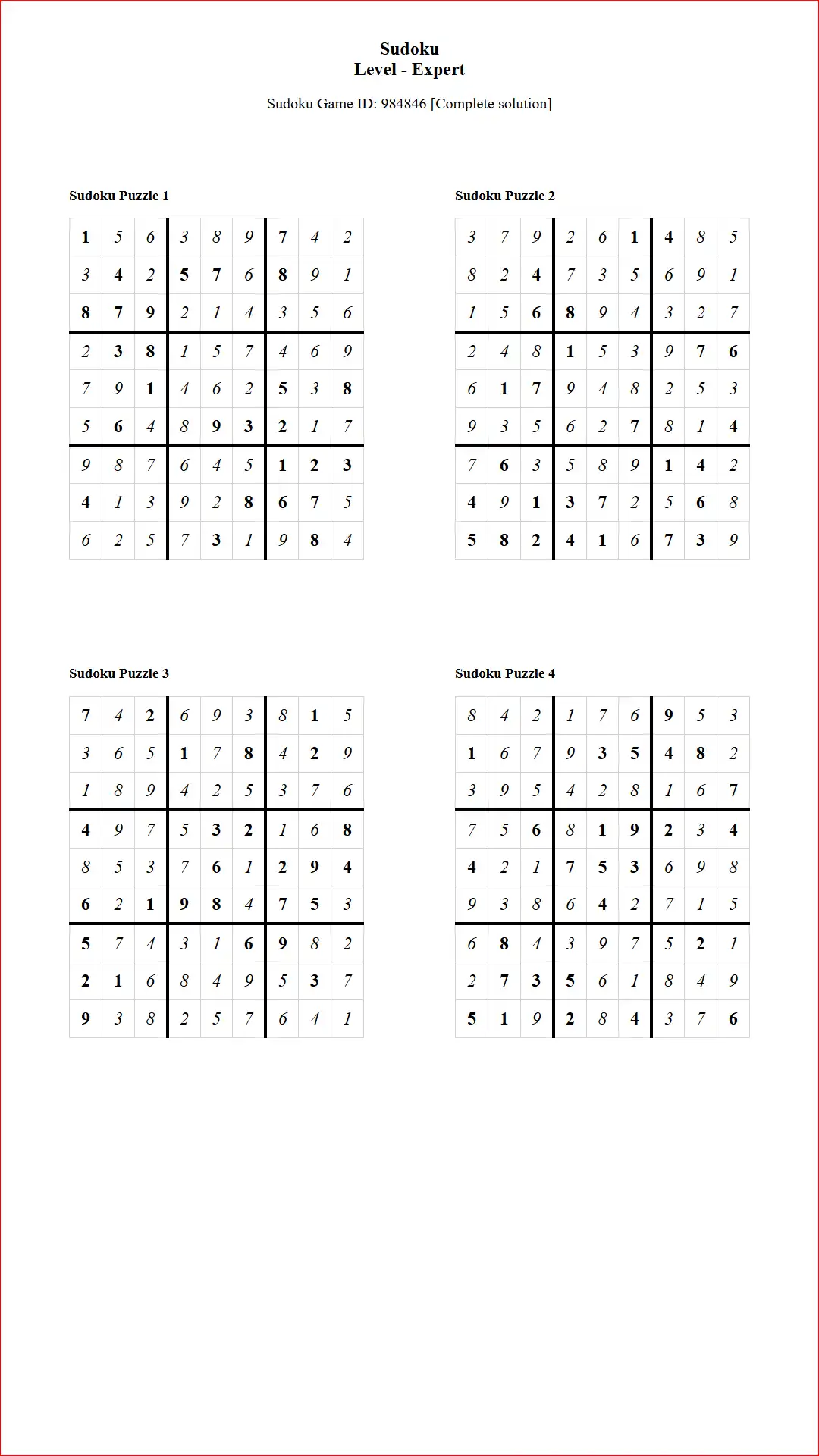Solution of Sudoku Puzzles 4 per Page Expert Level pdf [Game ID: 984846] Document