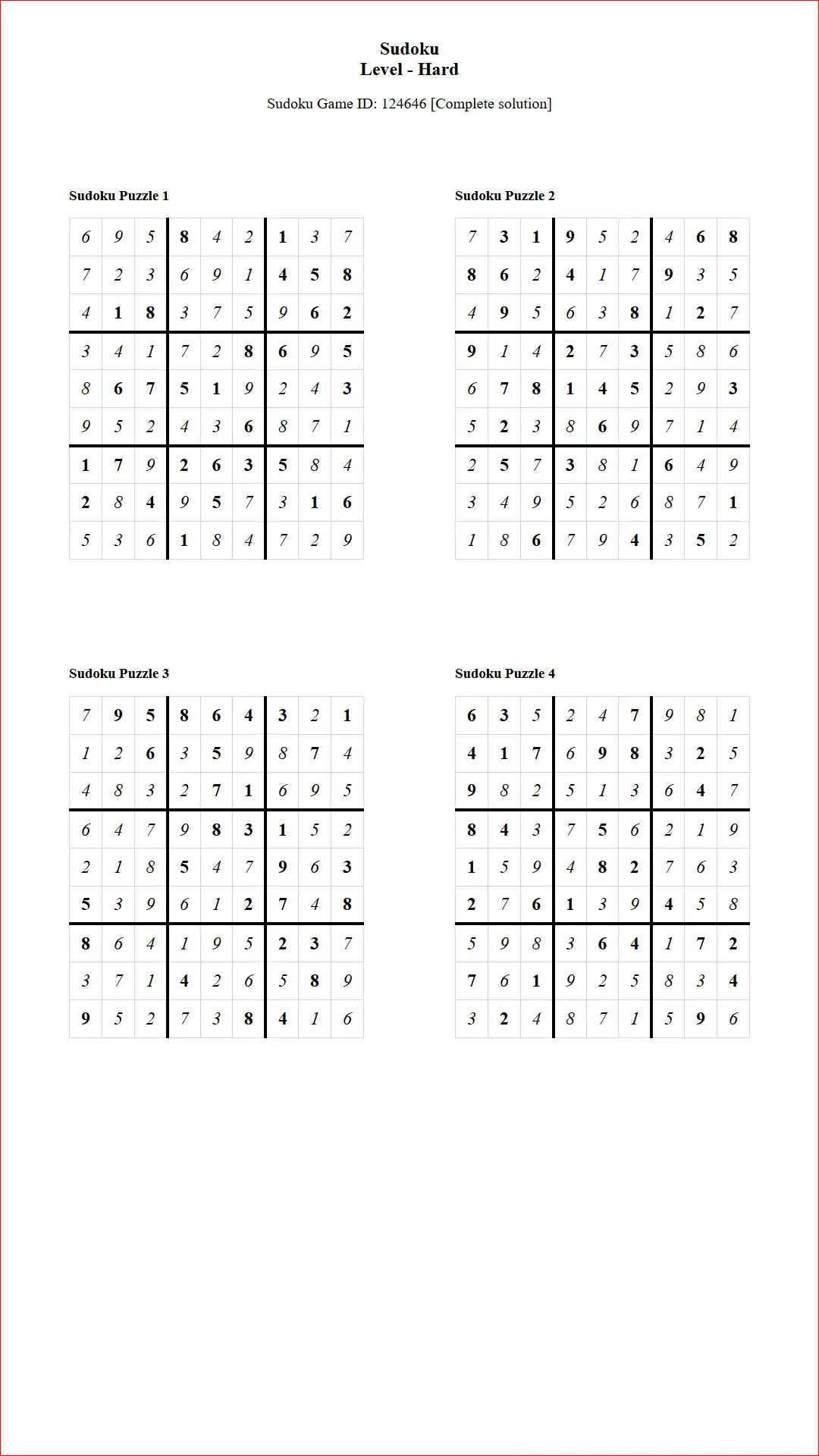 Solution of Sudoku Puzzles 4 per Page Hard Level pdf [Game ID: 124646] Document