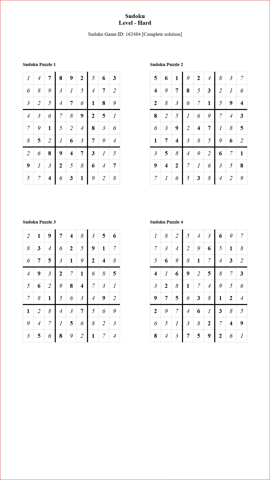 Solution of Sudoku Puzzles 4 per Page Hard Level pdf [Game ID: 162484] Document