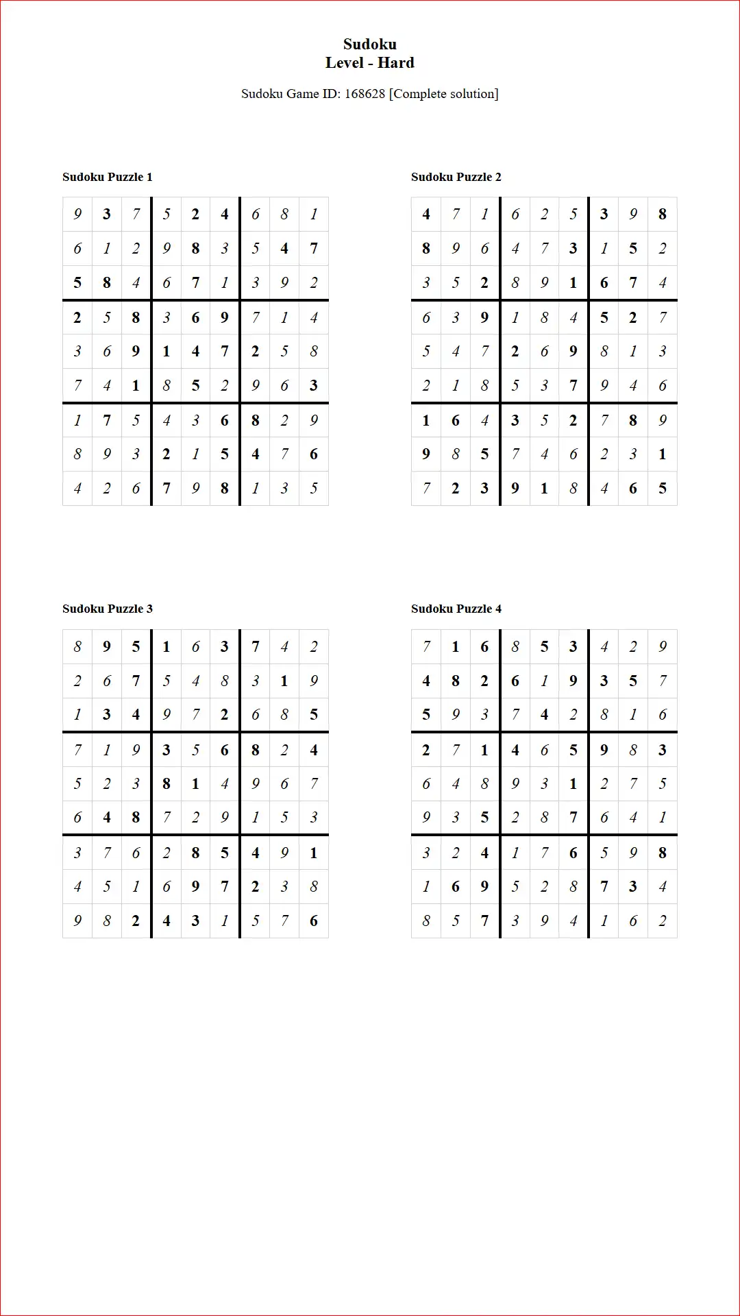 Solution of Sudoku Puzzles 4 per Page Hard Level pdf [Game ID: 168628] Document
