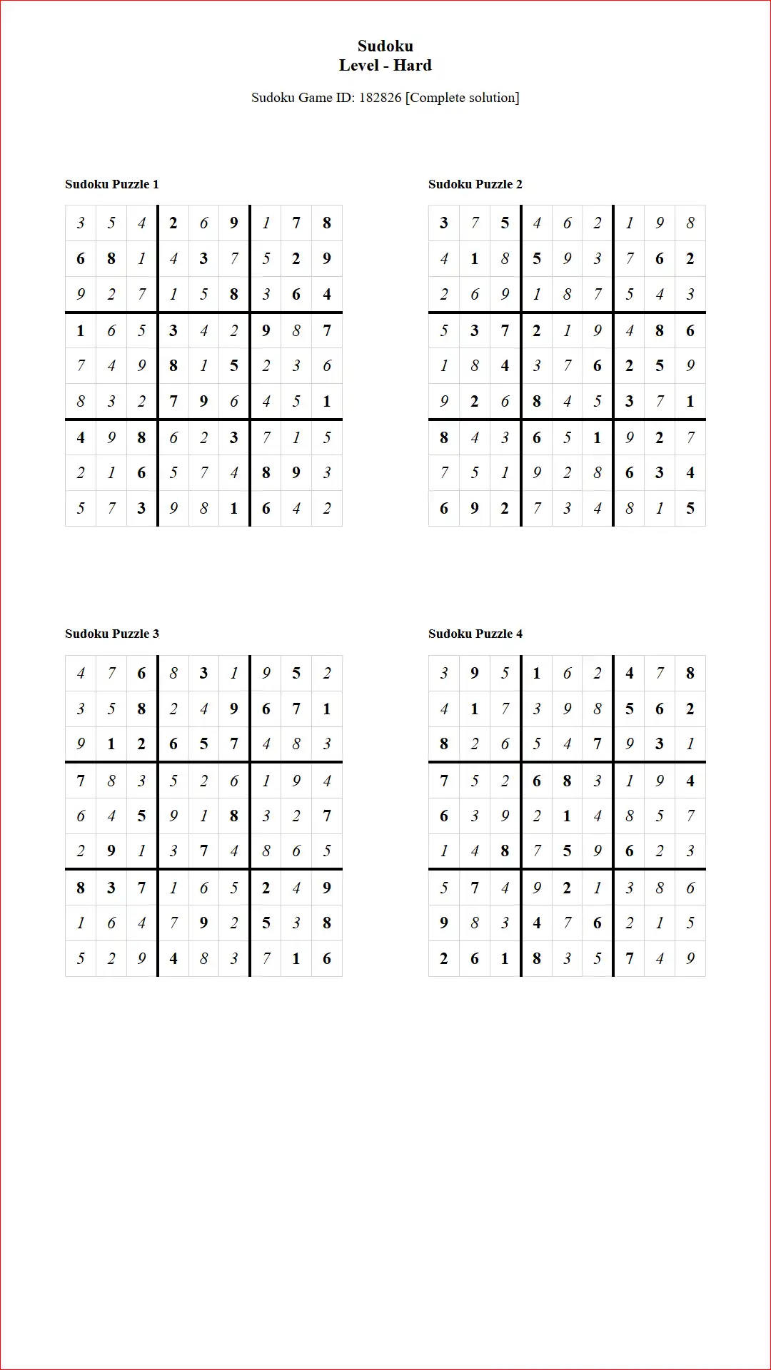 Solution of Sudoku Puzzles 4 per Page Hard Level pdf [Game ID: 182826] Document