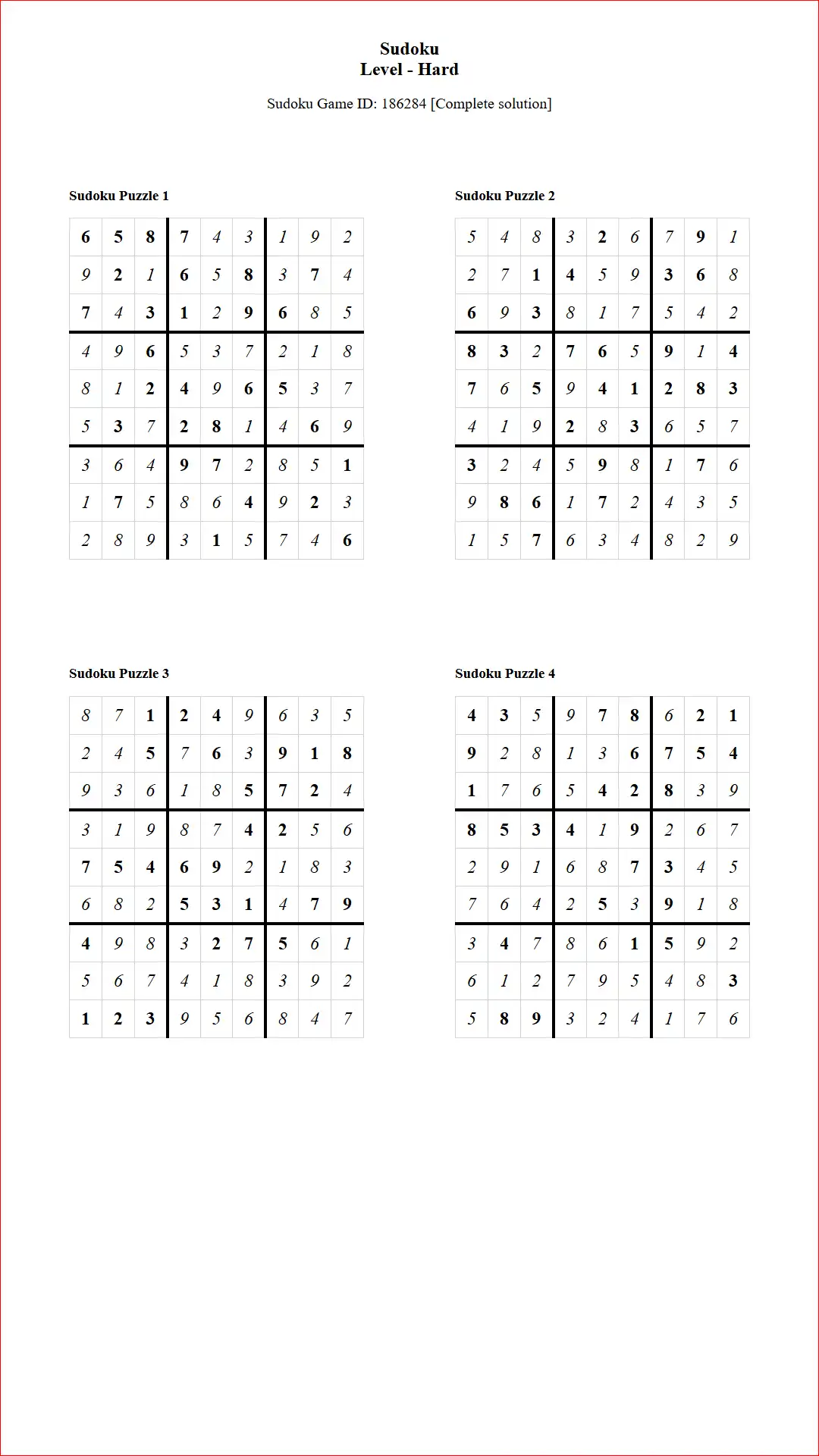 Solution of Sudoku Puzzles 4 per Page Hard Level pdf [Game ID: 186284] Document