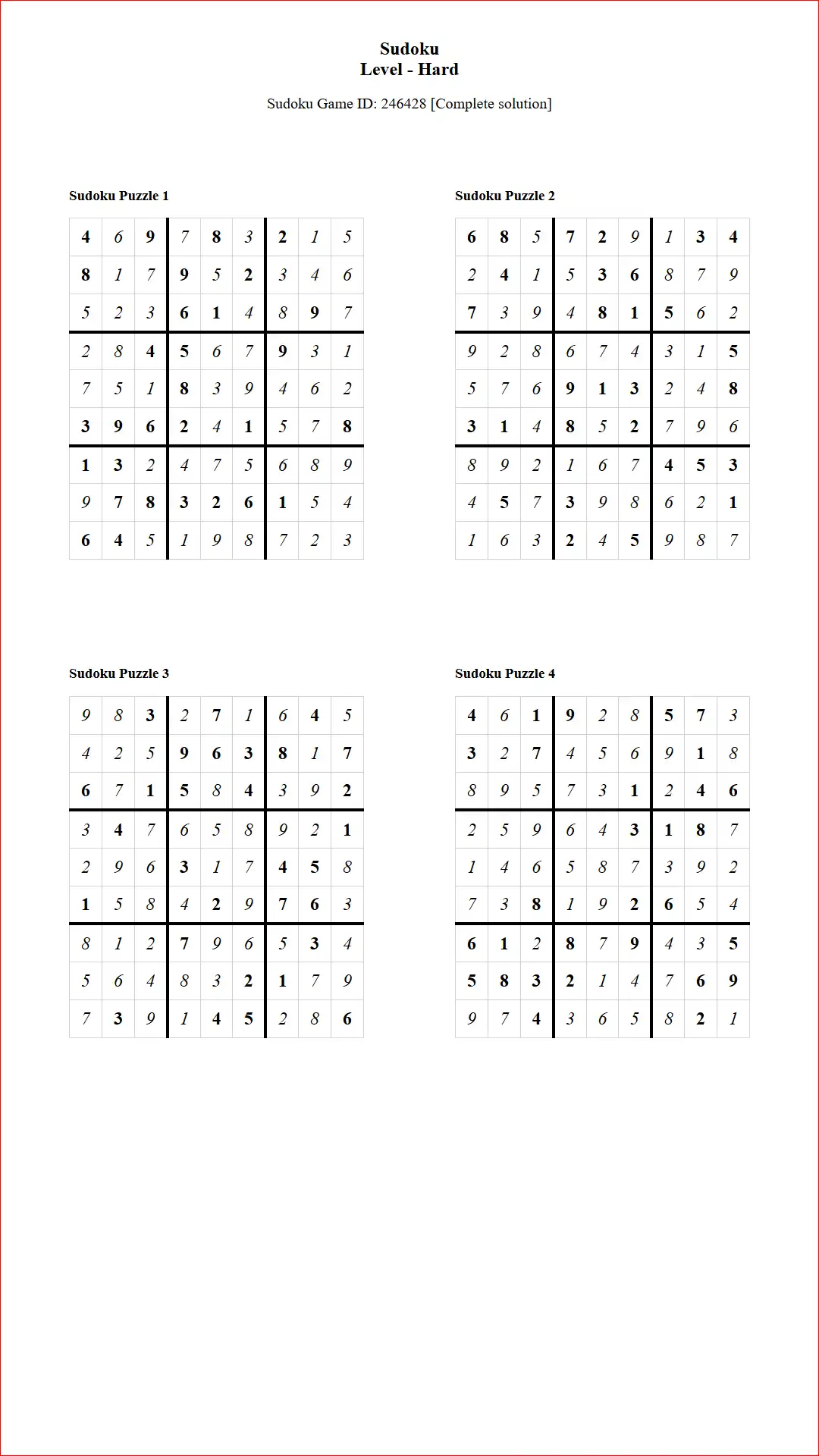 Solution of Sudoku Puzzles 4 per Page Hard Level pdf [Game ID: 246428] Document