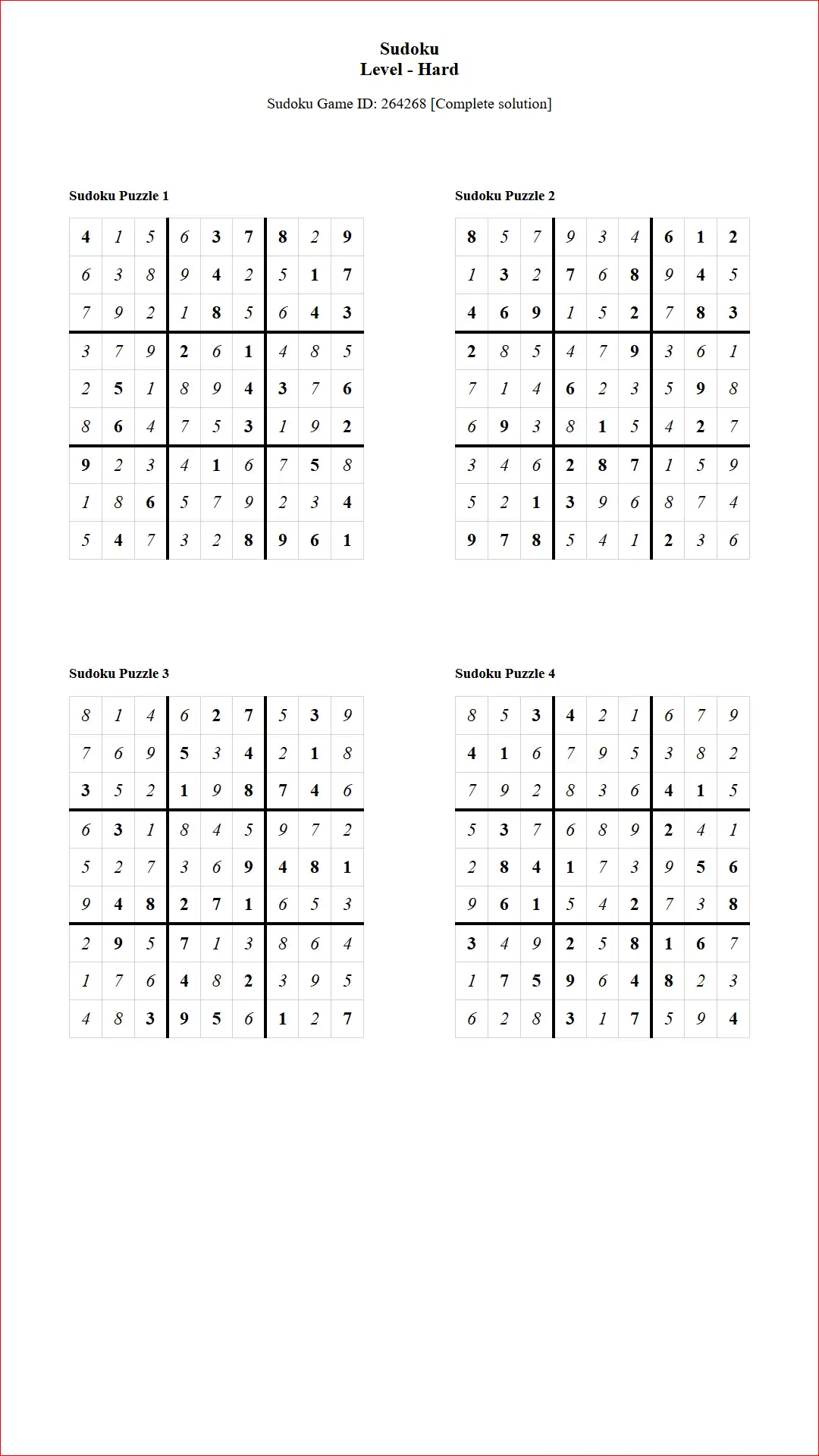 Solution of Sudoku Puzzles 4 per Page Hard Level pdf [Game ID: 264268] Document