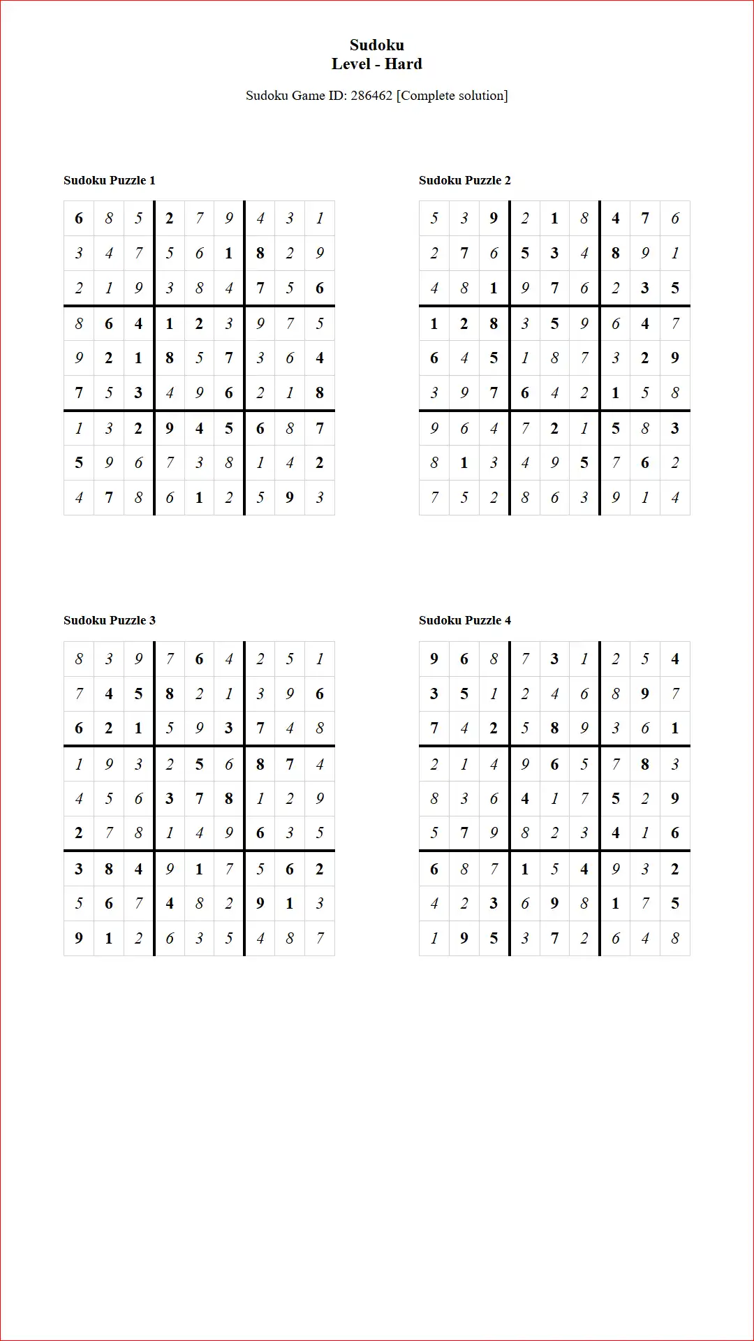 Solution of Sudoku Puzzles 4 per Page Hard Level pdf [Game ID: 286462] Document
