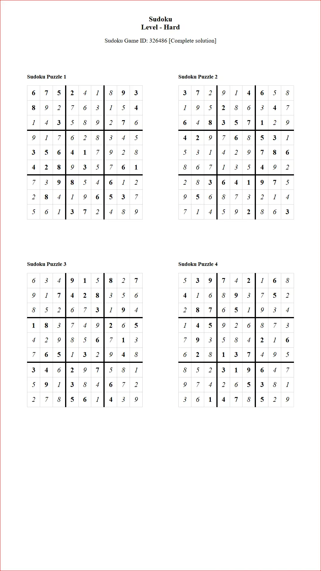 Solution of Sudoku Puzzles 4 per Page Hard Level pdf [Game ID: 326486] Document