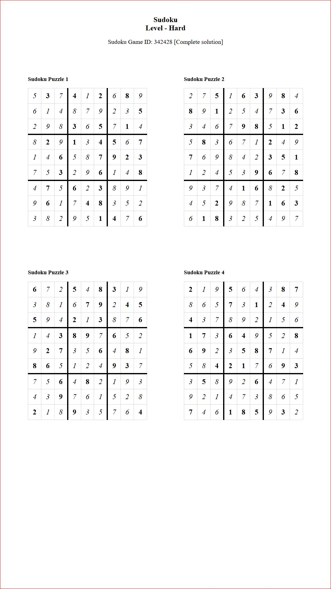 Solution of Sudoku Puzzles 4 per Page Hard Level pdf [Game ID: 342428] Document