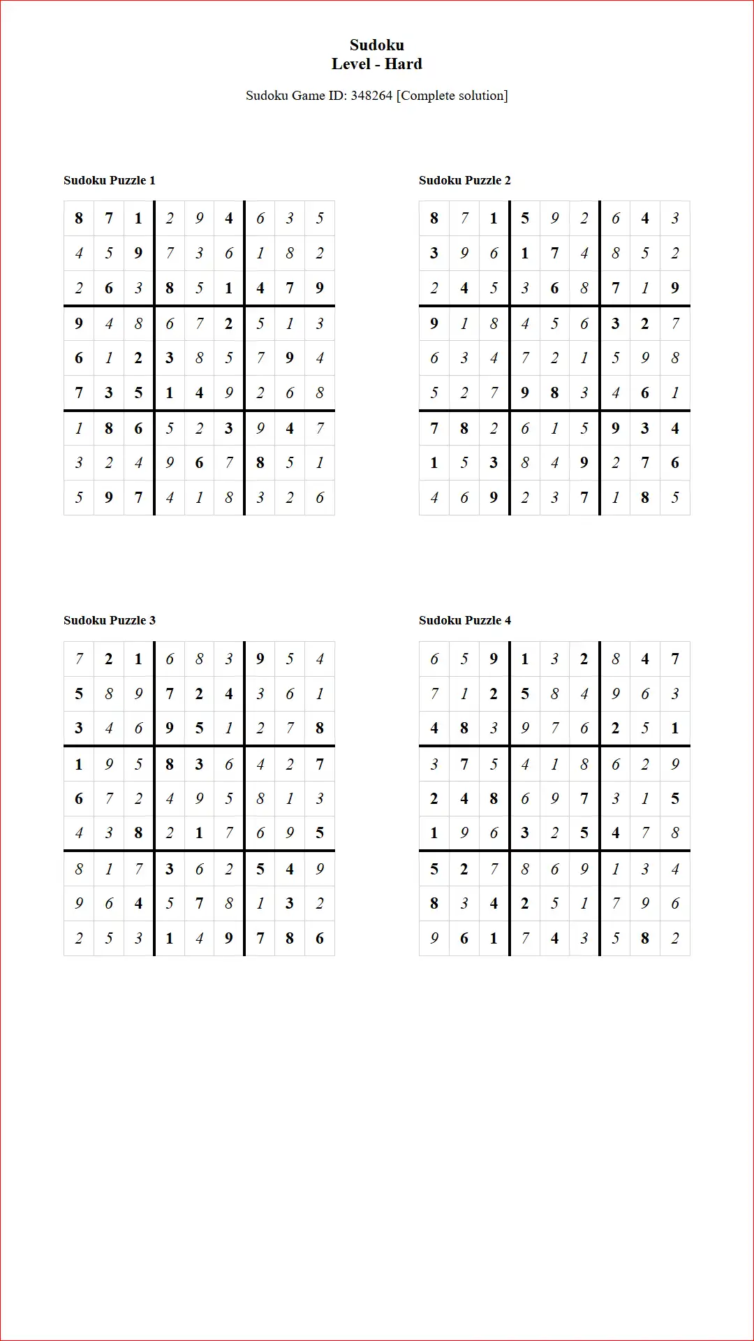 Solution of Sudoku Puzzles 4 per Page Hard Level pdf [Game ID: 348264] Document