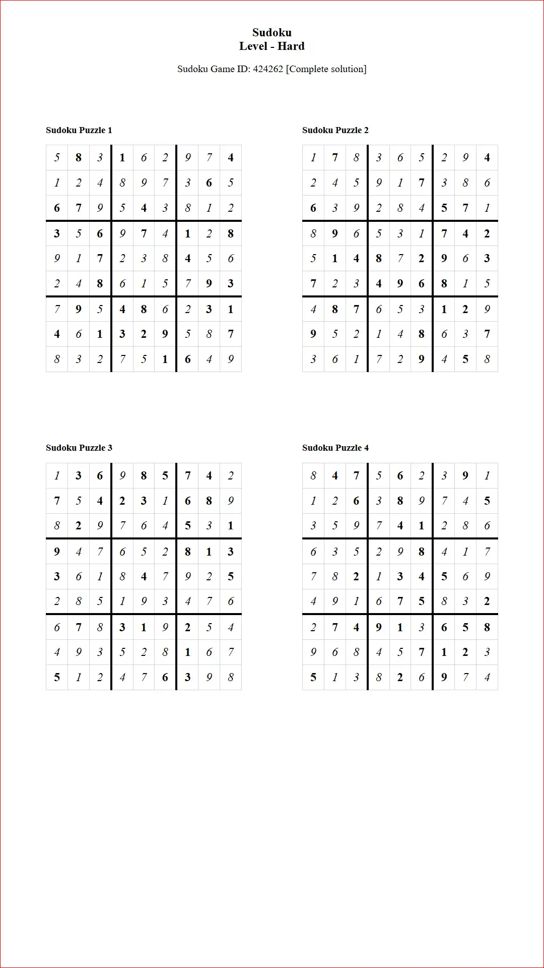 Solution of Sudoku Puzzles 4 per Page Hard Level pdf [Game ID: 424262] Document