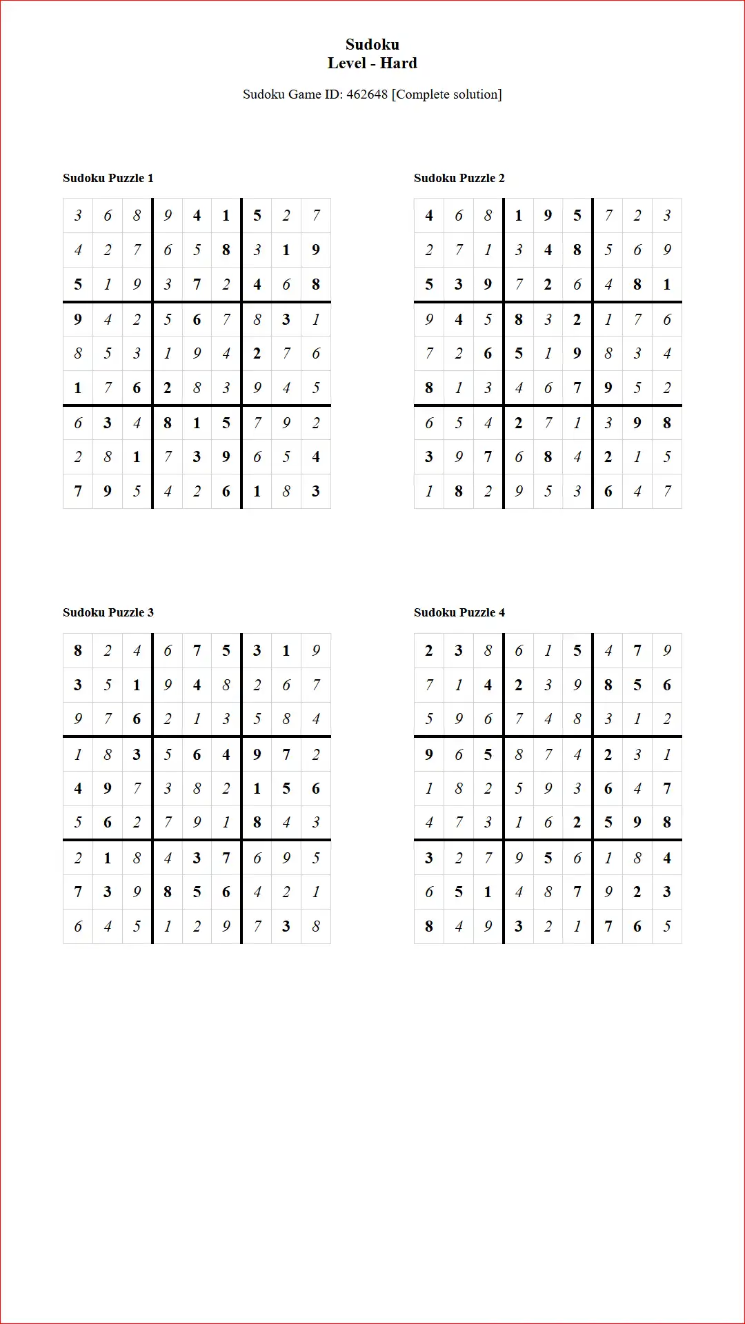 Solution of Sudoku Puzzles 4 per Page Hard Level pdf [Game ID: 462648] Document