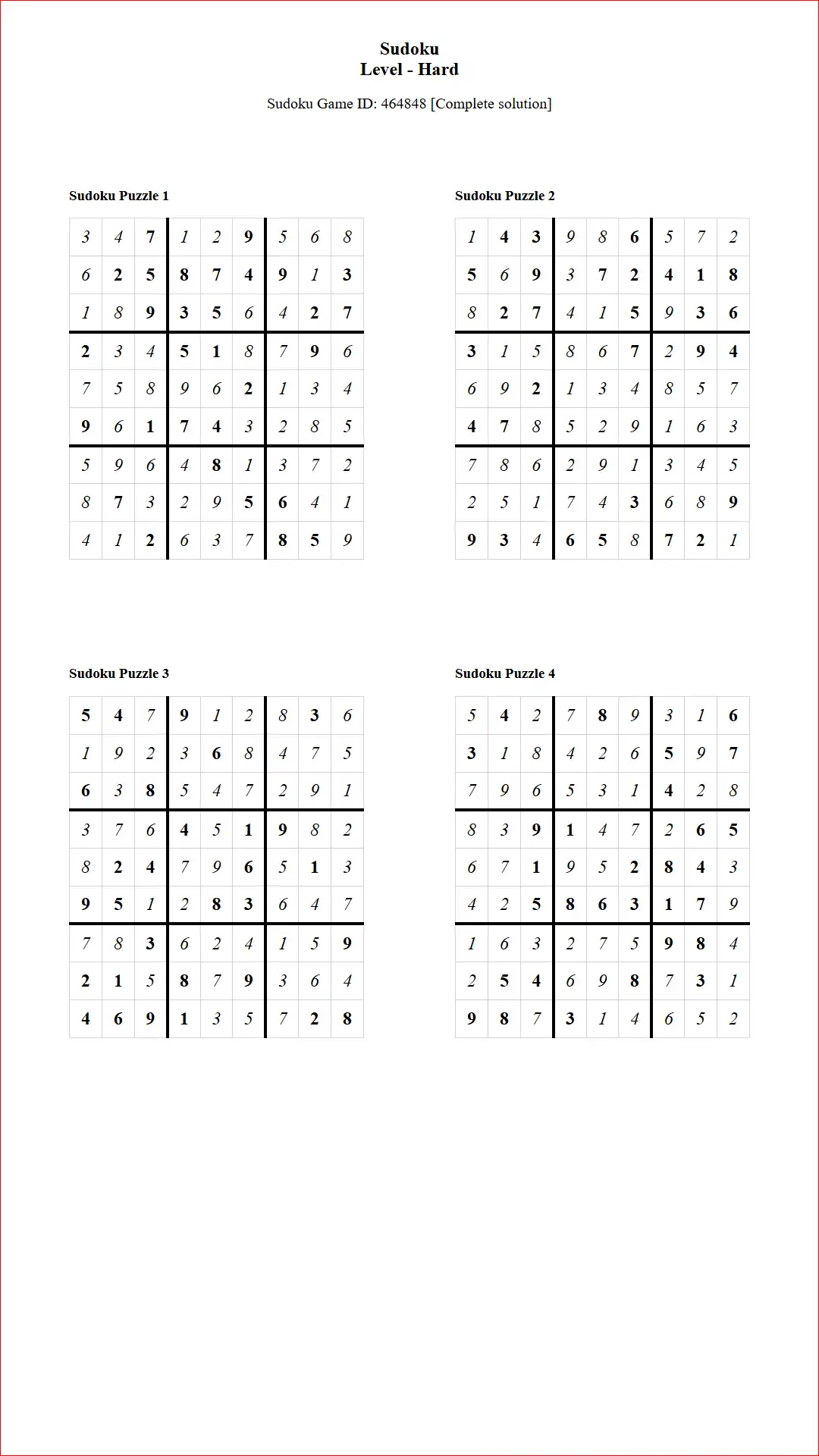 Solution of Sudoku Puzzles 4 per Page Hard Level pdf [Game ID: 464848] Document