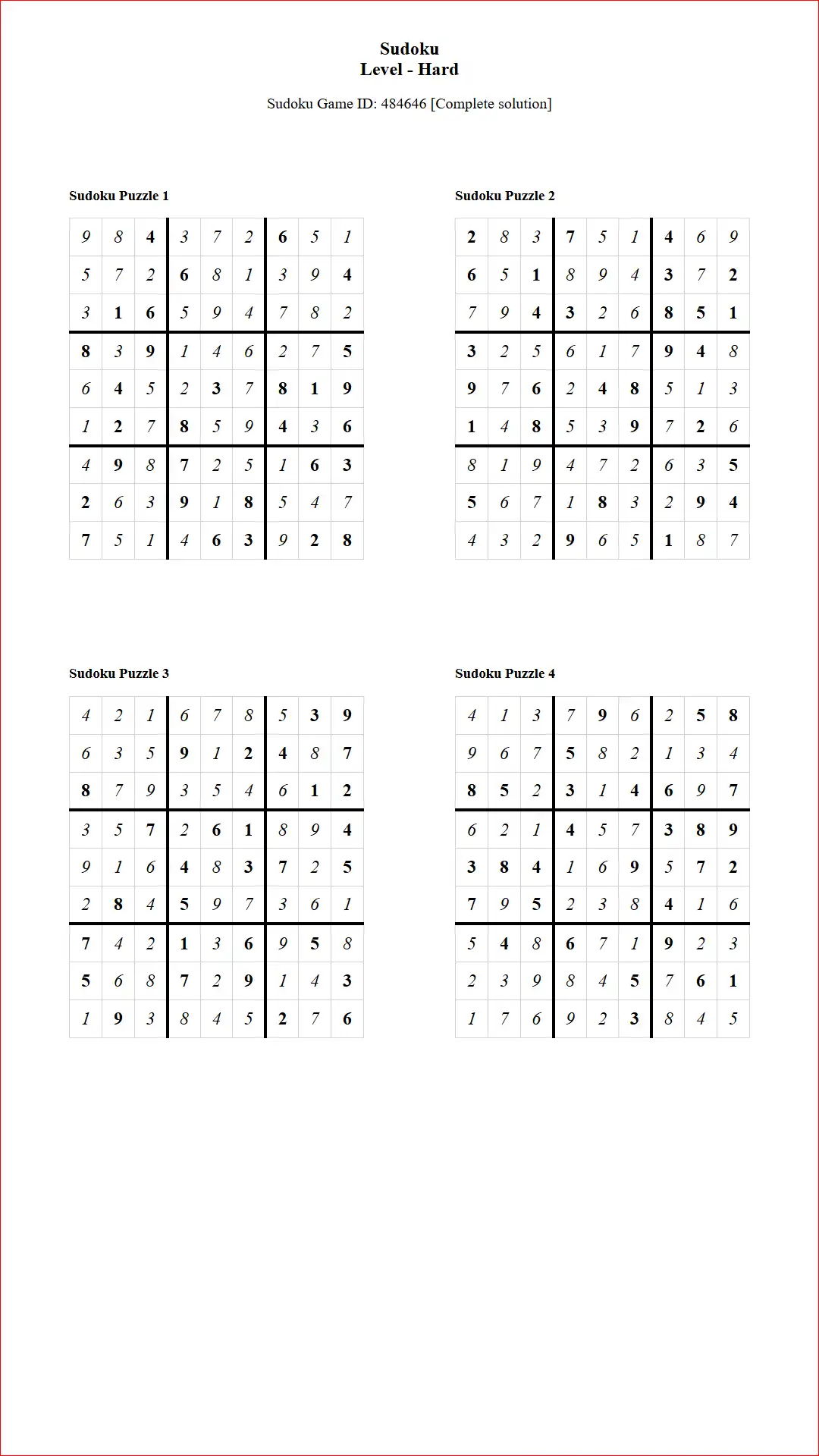 Solution of Sudoku Puzzles 4 per Page Hard Level pdf [Game ID: 484646] Document