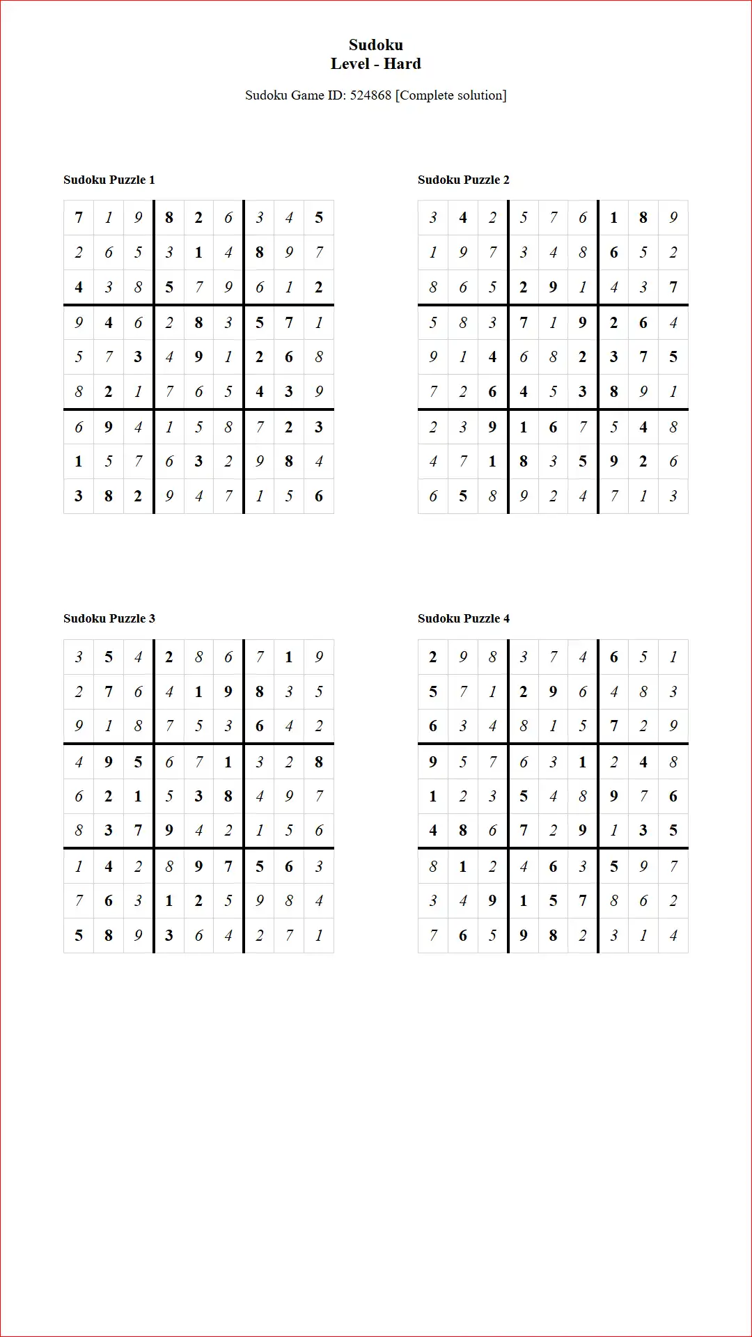 Solution of Sudoku Puzzles 4 per Page Hard Level pdf [Game ID: 524868] Document