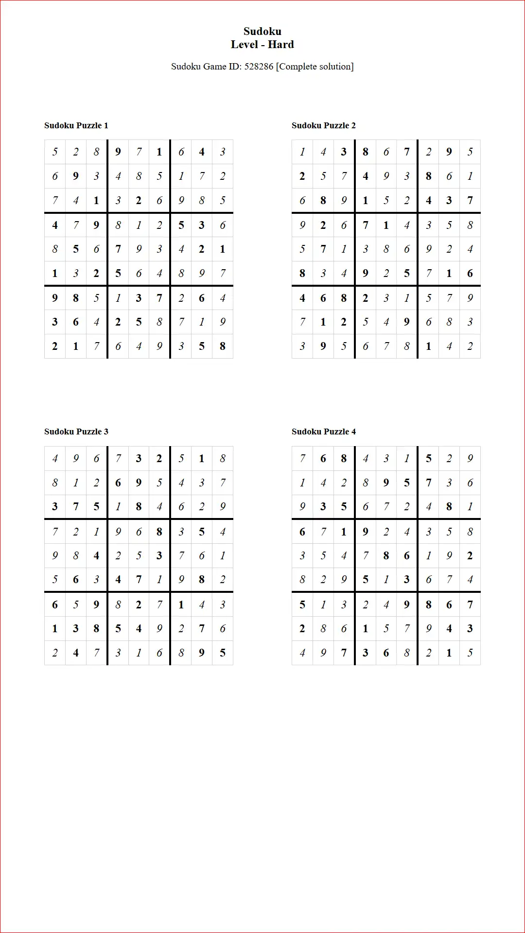 Solution of Sudoku Puzzles 4 per Page Hard Level pdf [Game ID: 528286] Document