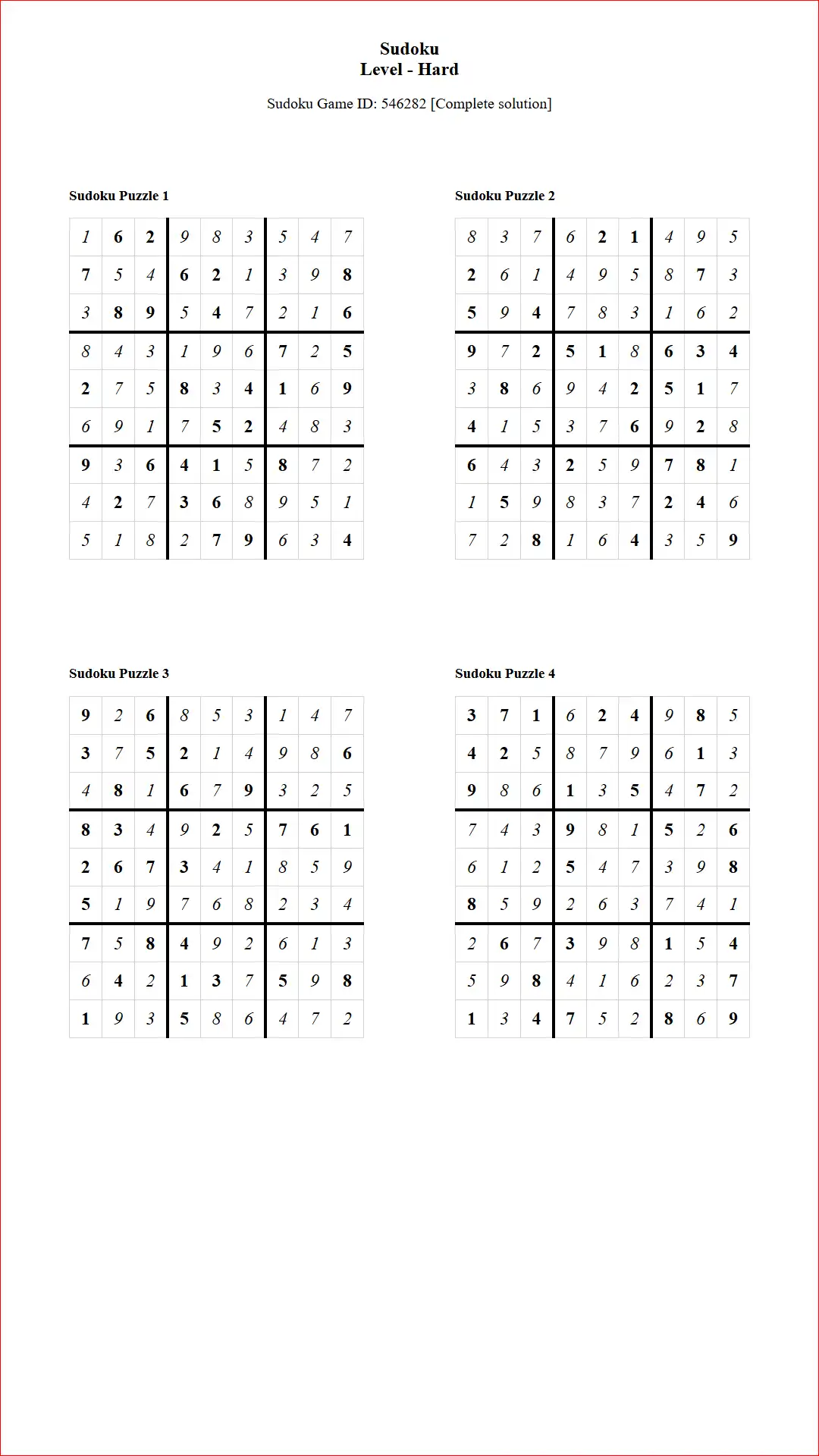Solution of Sudoku Puzzles 4 per Page Hard Level pdf [Game ID: 546282] Document