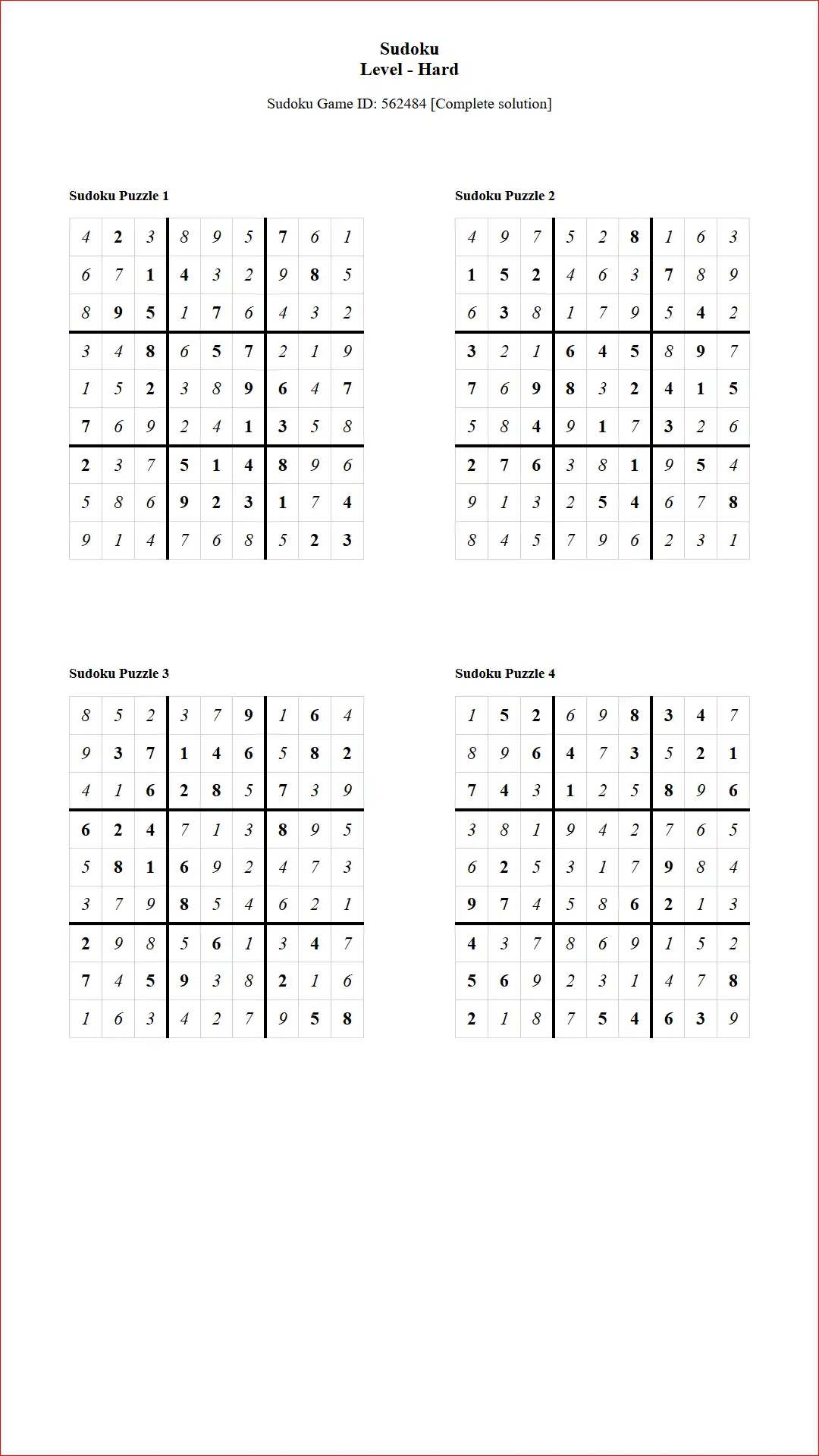 Solution of Sudoku Puzzles 4 per Page Hard Level pdf [Game ID: 562484] Document