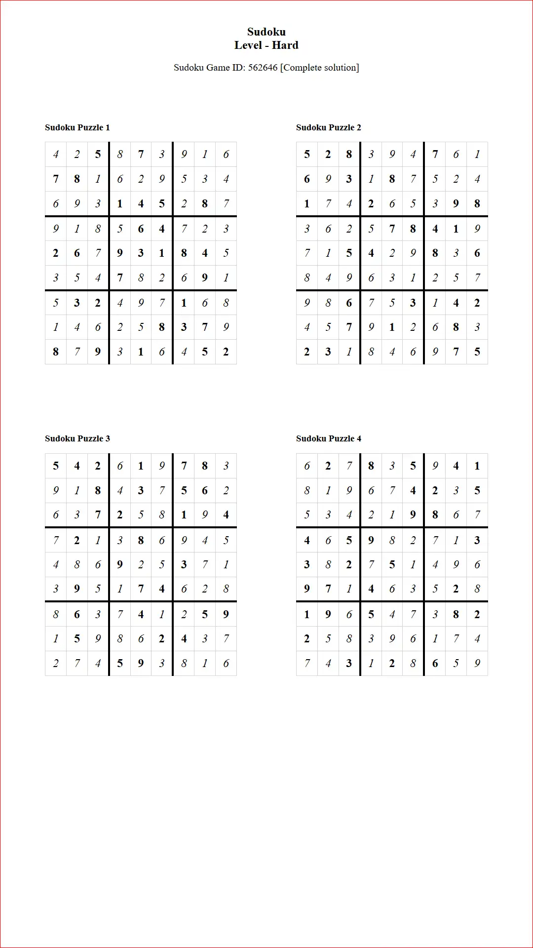 Solution of Sudoku Puzzles 4 per Page Hard Level pdf [Game ID: 562646] Document