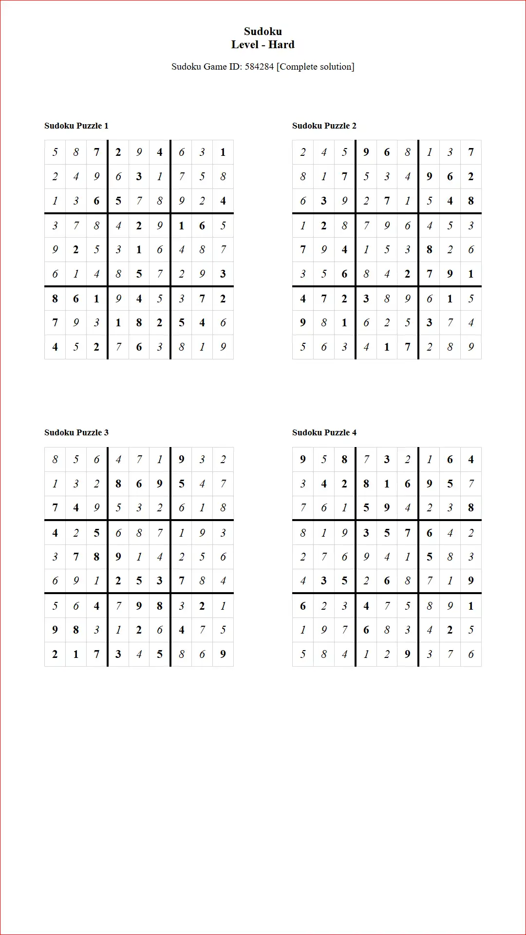 Solution of Sudoku Puzzles 4 per Page Hard Level pdf [Game ID: 584284] Document