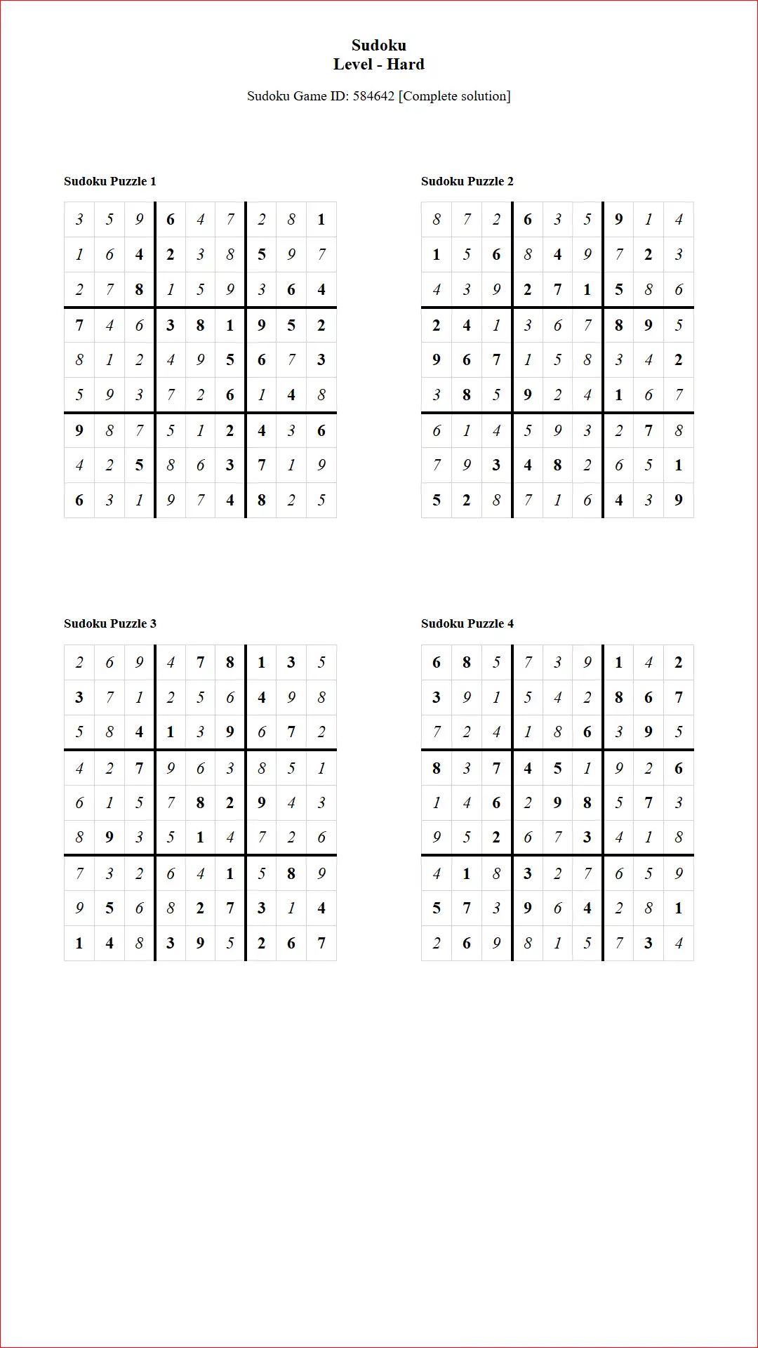 Solution of Sudoku Puzzles 4 per Page Hard Level pdf [Game ID: 584642] Document