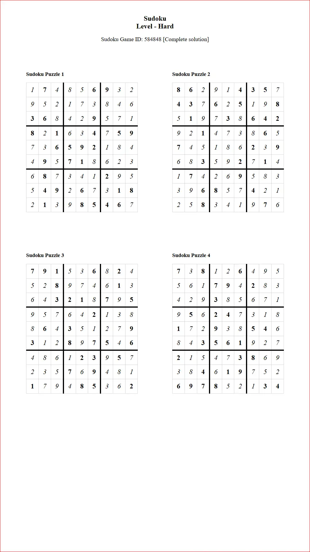Solution of Sudoku Puzzles 4 per Page Hard Level pdf [Game ID: 584848] Document