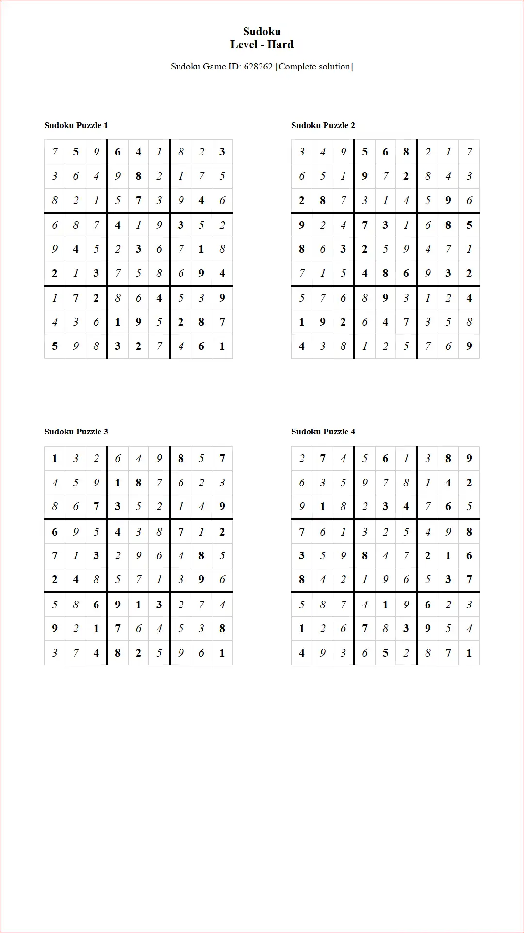 Solution of Sudoku Puzzles 4 per Page Hard Level pdf [Game ID: 628262] Document