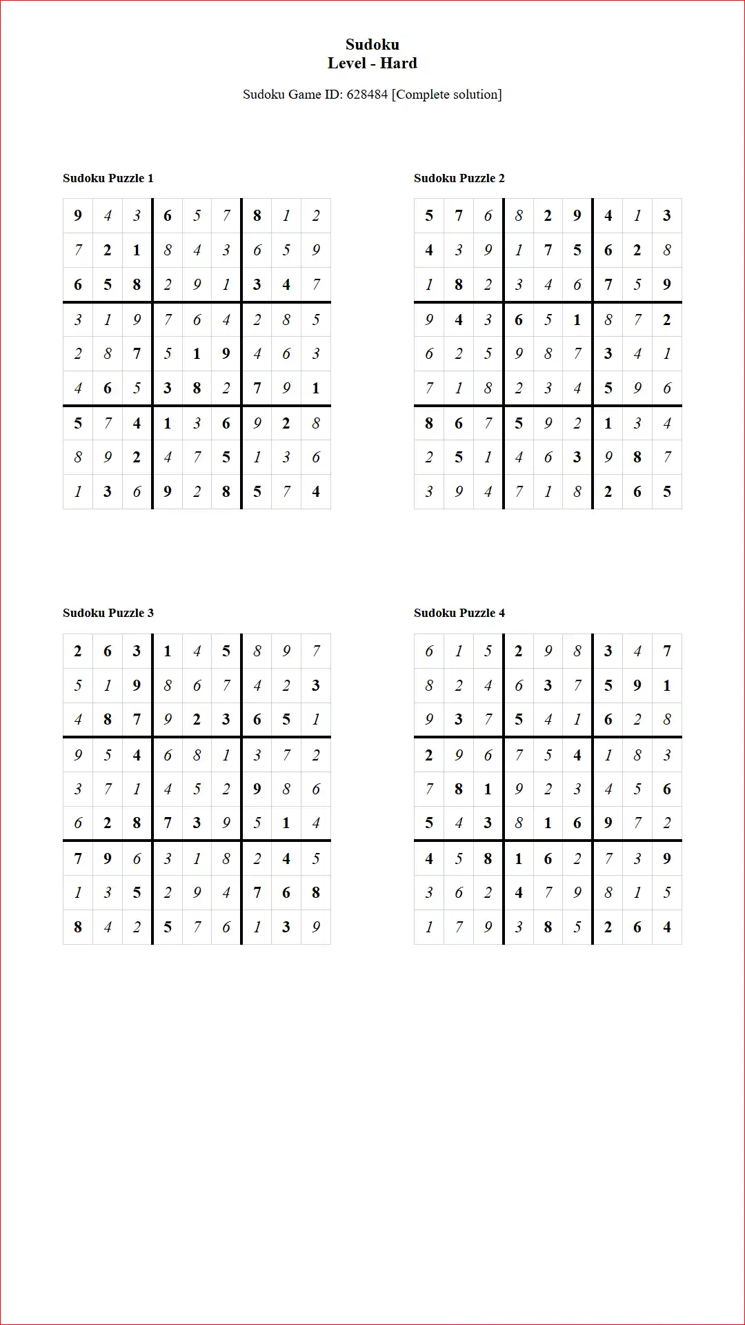 Solution of Sudoku Puzzles 4 per Page Hard Level pdf [Game ID: 628484] Document