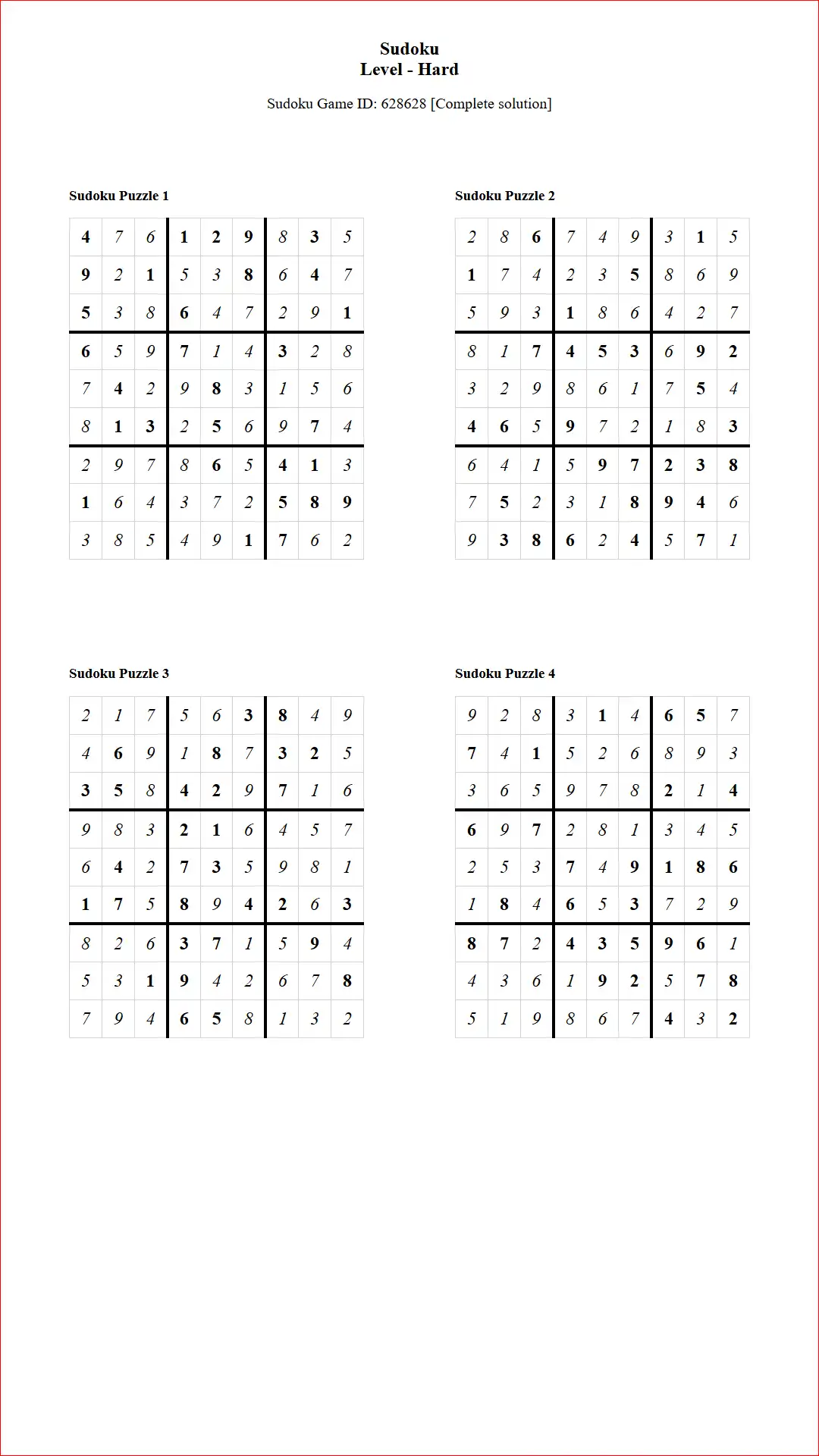 Solution of Sudoku Puzzles 4 per Page Hard Level pdf [Game ID: 628628] Document
