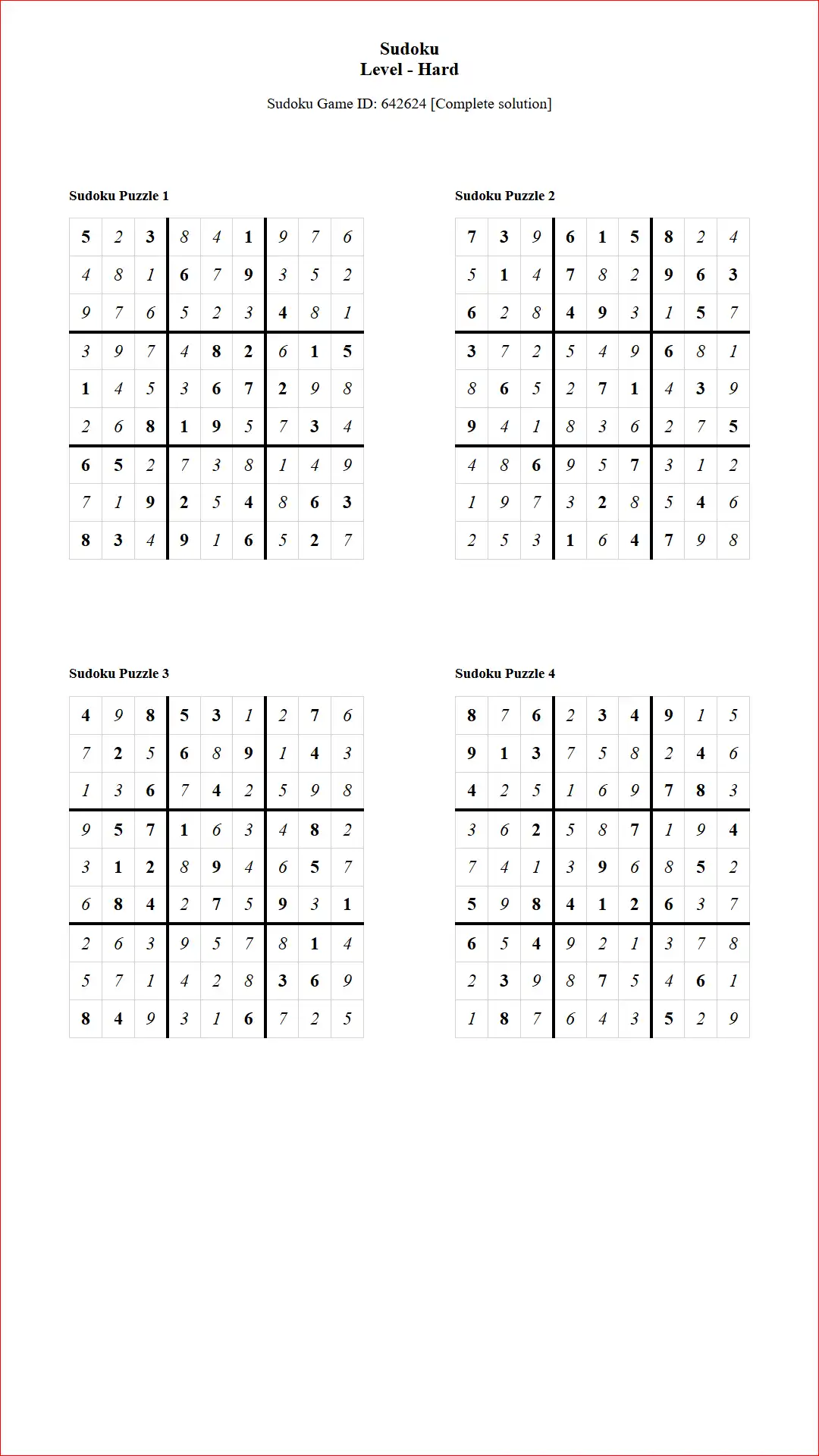 Solution of Sudoku Puzzles 4 per Page Hard Level pdf [Game ID: 642624] Document