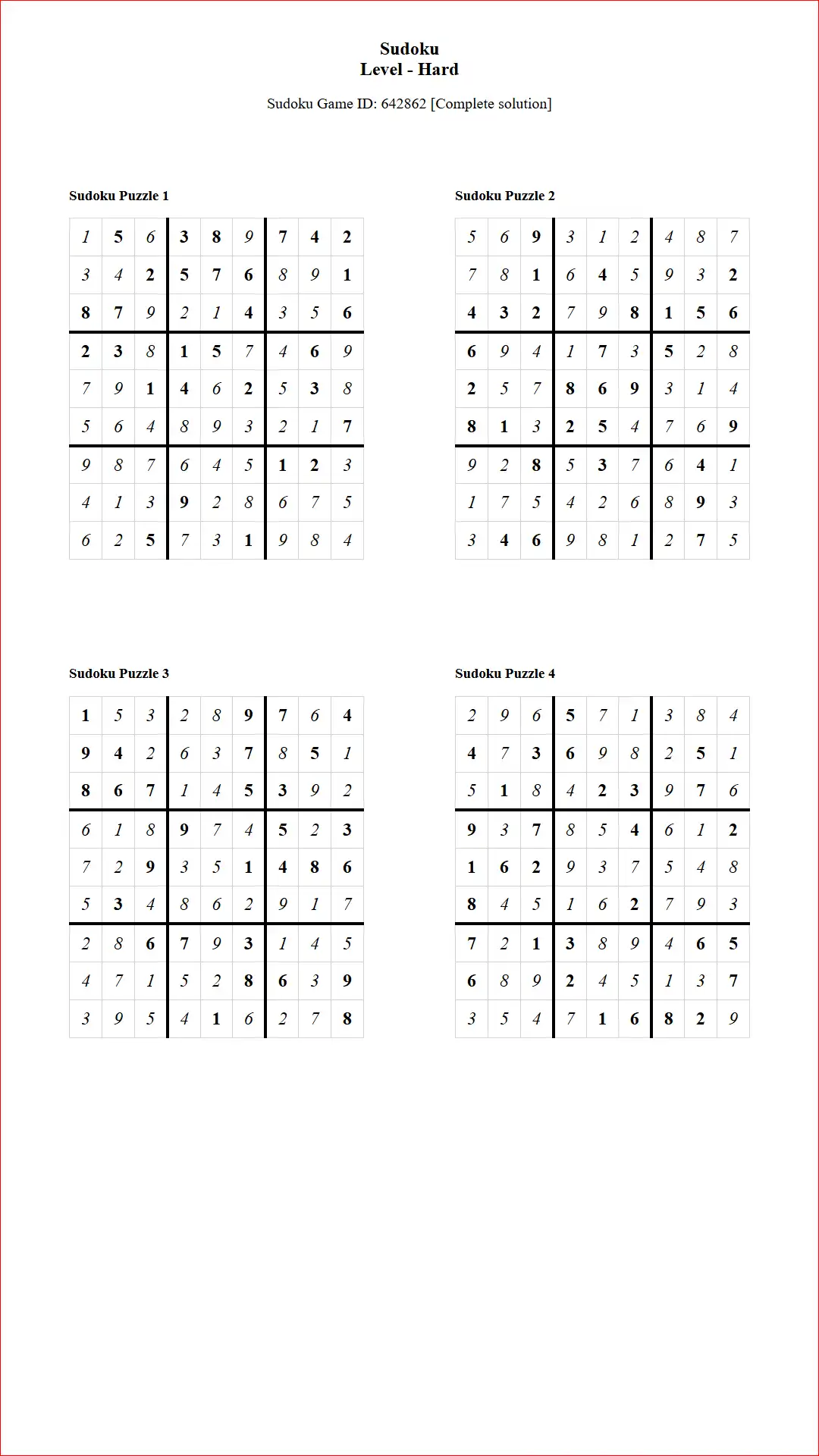 Solution of Sudoku Puzzles 4 per Page Hard Level pdf [Game ID: 642862] Document