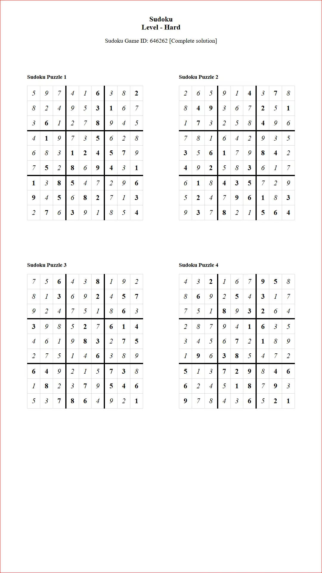 Solution of Sudoku Puzzles 4 per Page Hard Level pdf [Game ID: 646262] Document