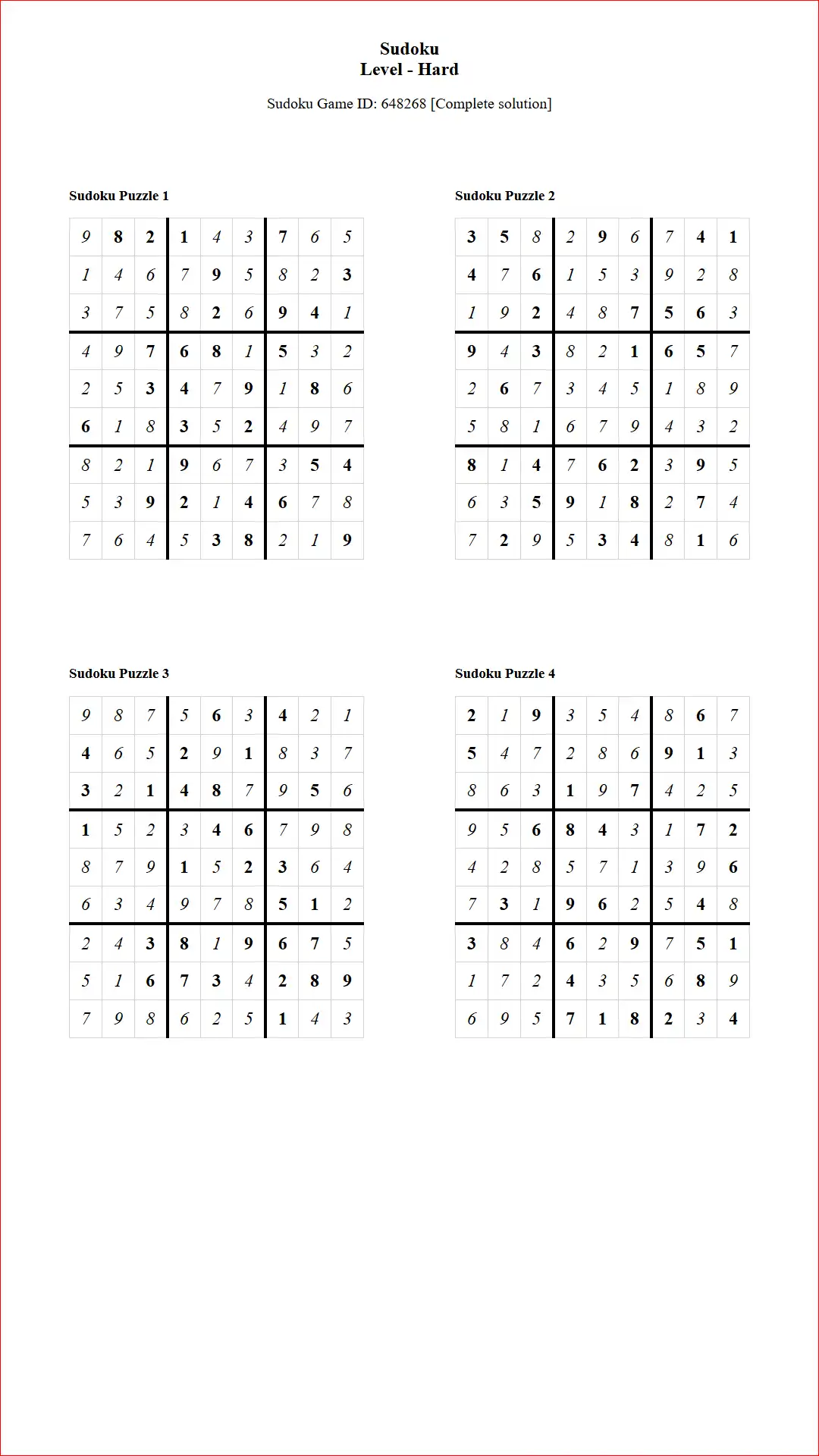 Solution of Sudoku Puzzles 4 per Page Hard Level pdf [Game ID: 648268] Document