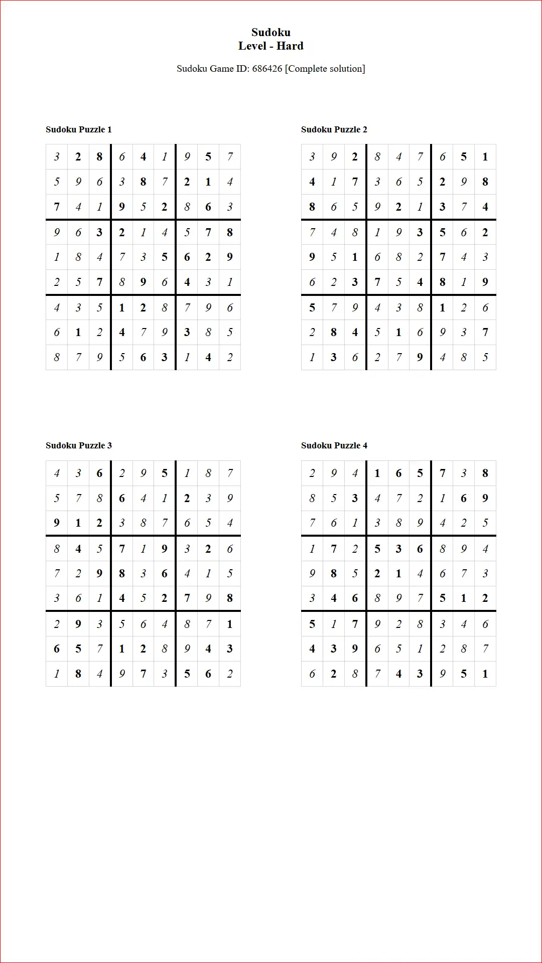 Solution of Sudoku Puzzles 4 per Page Hard Level pdf [Game ID: 686426] Document