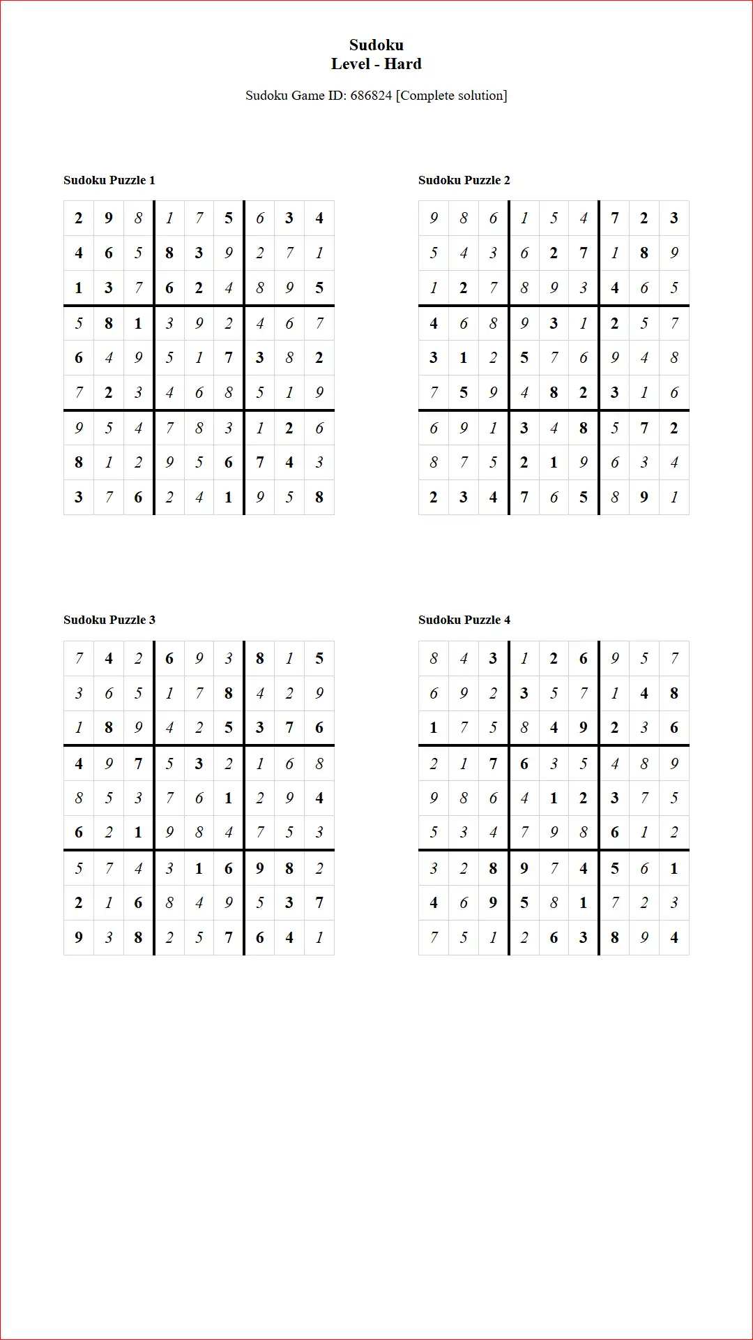 Solution of Sudoku Puzzles 4 per Page Hard Level pdf [Game ID: 686824] Document