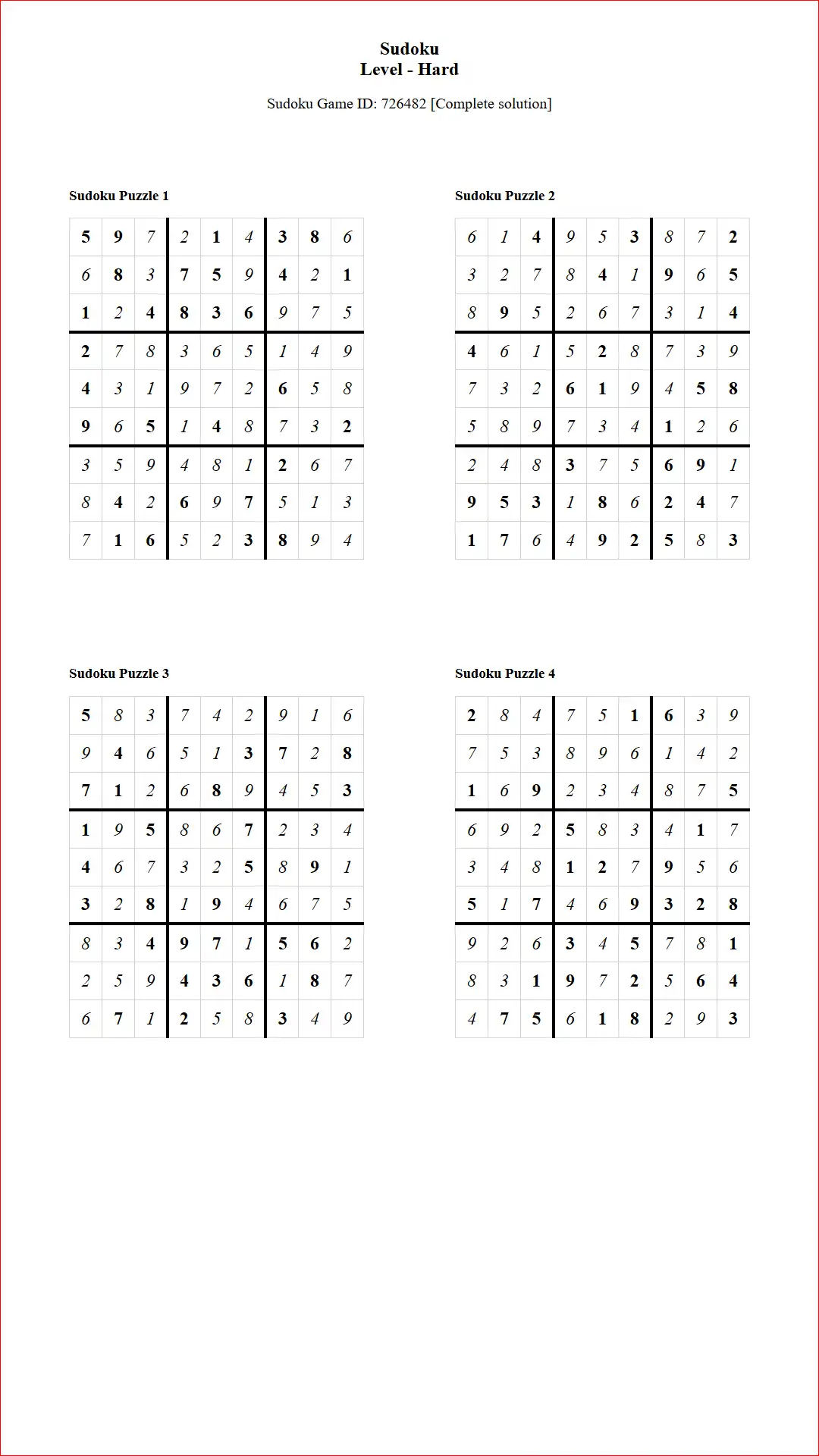 Solution of Sudoku Puzzles 4 per Page Hard Level pdf [Game ID: 726482] Document