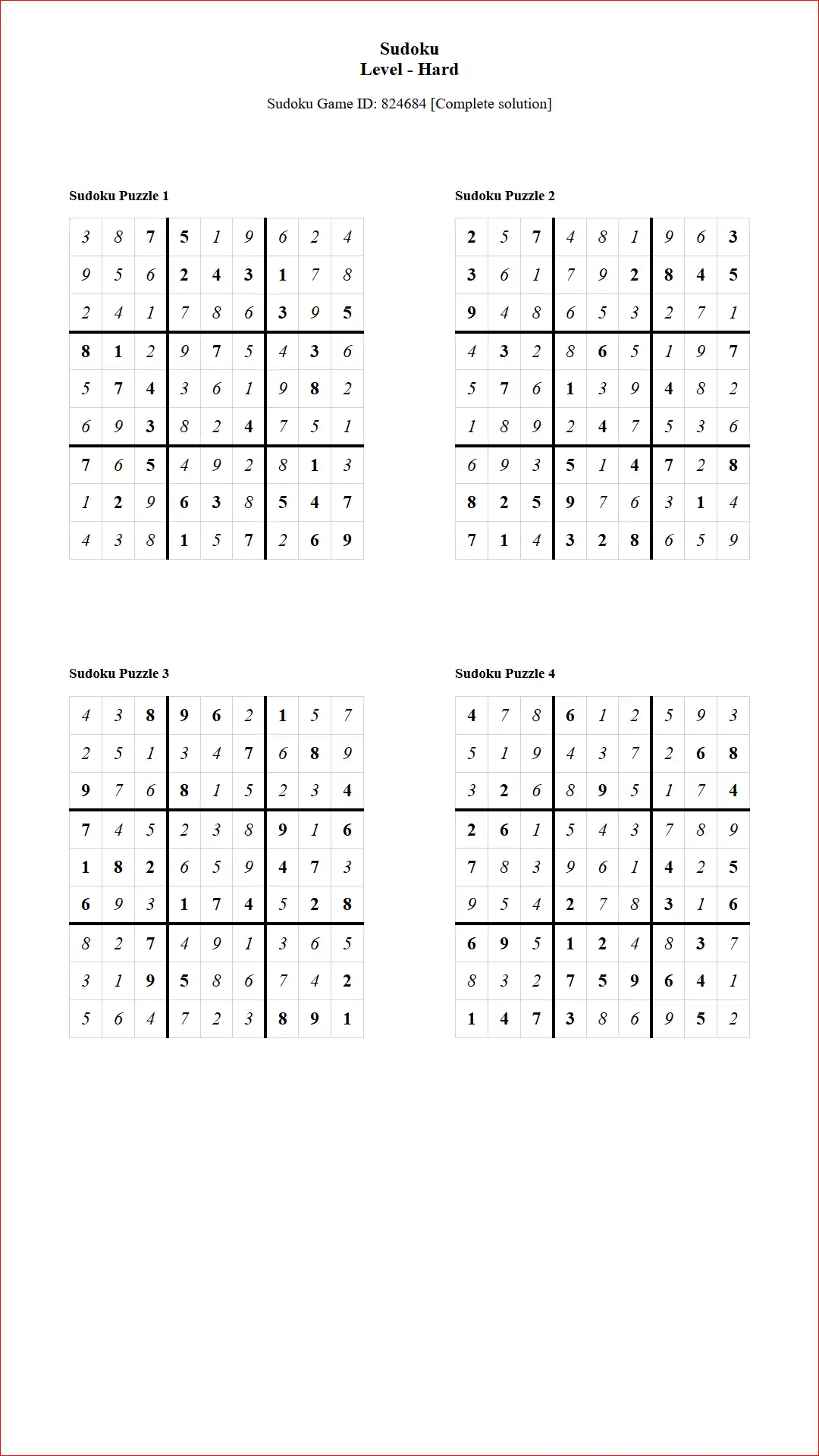Solution of Sudoku Puzzles 4 per Page Hard Level pdf [Game ID: 824684] Document