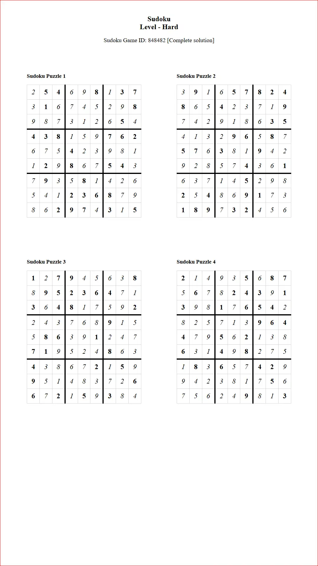Solution of Sudoku Puzzles 4 per Page Hard Level pdf [Game ID: 848482] Document