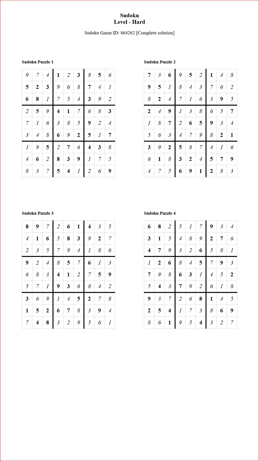 Solution of Sudoku Puzzles 4 per Page Hard Level pdf [Game ID: 864262] Document