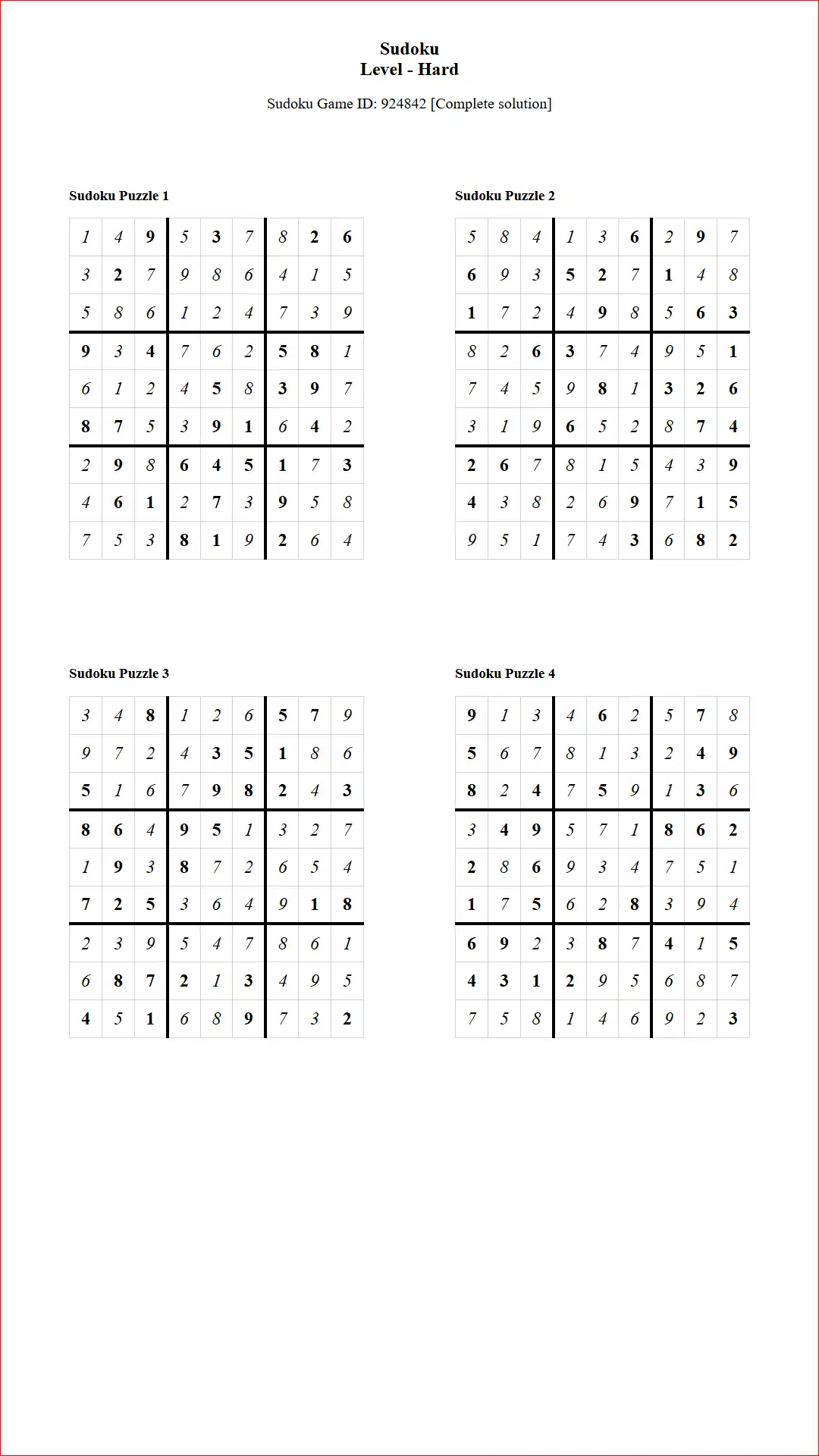 Solution of Sudoku Puzzles 4 per Page Hard Level pdf [Game ID: 924842] Document