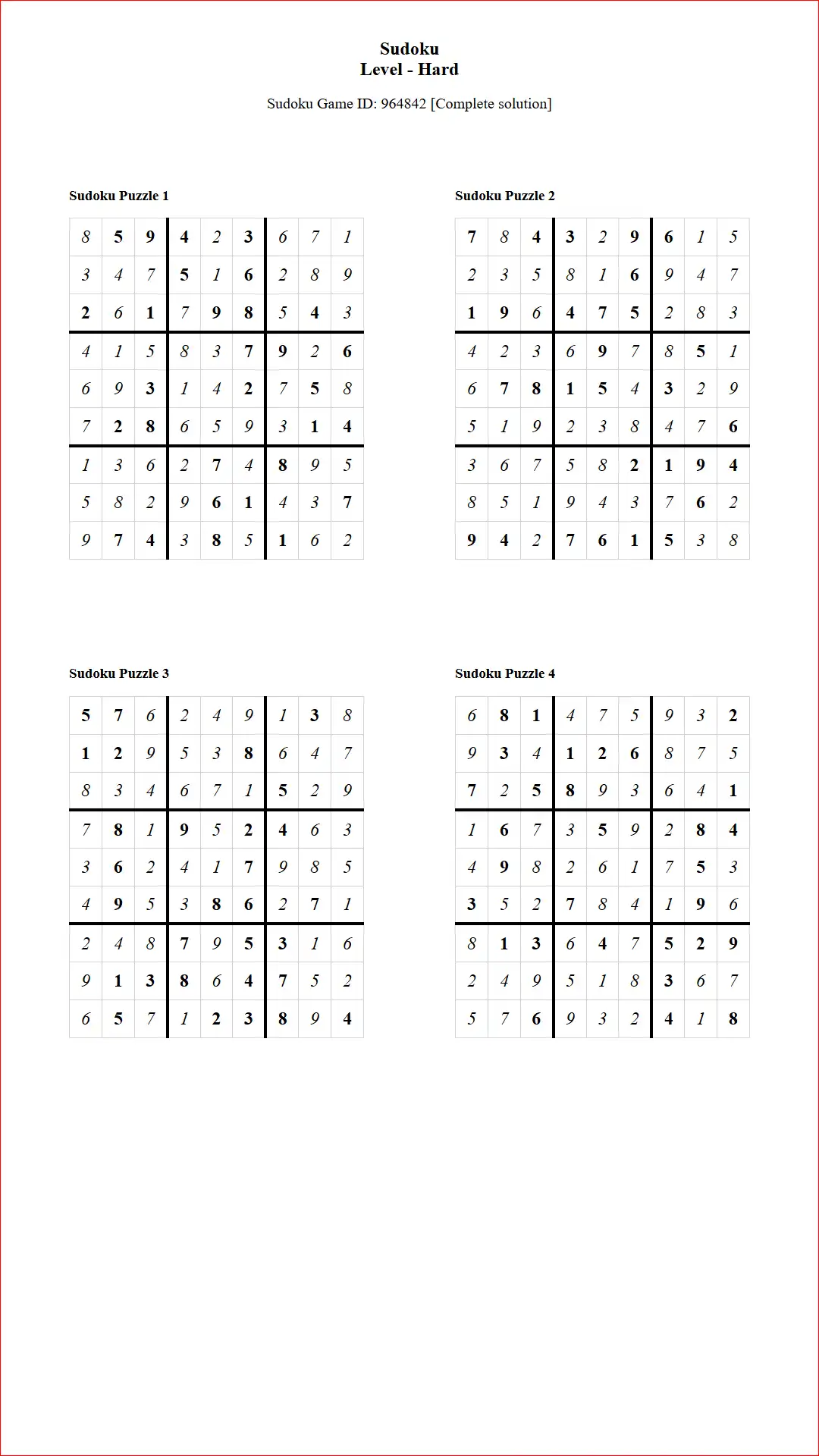 Solution of Sudoku Puzzles 4 per Page Hard Level pdf [Game ID: 964842] Document