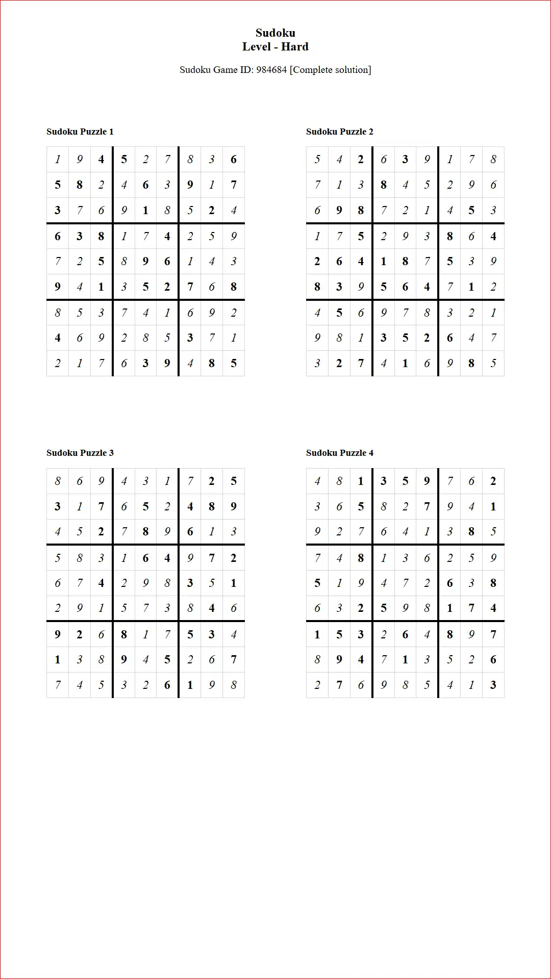 Solution of Sudoku Puzzles 4 per Page Hard Level pdf [Game ID: 984684] Document